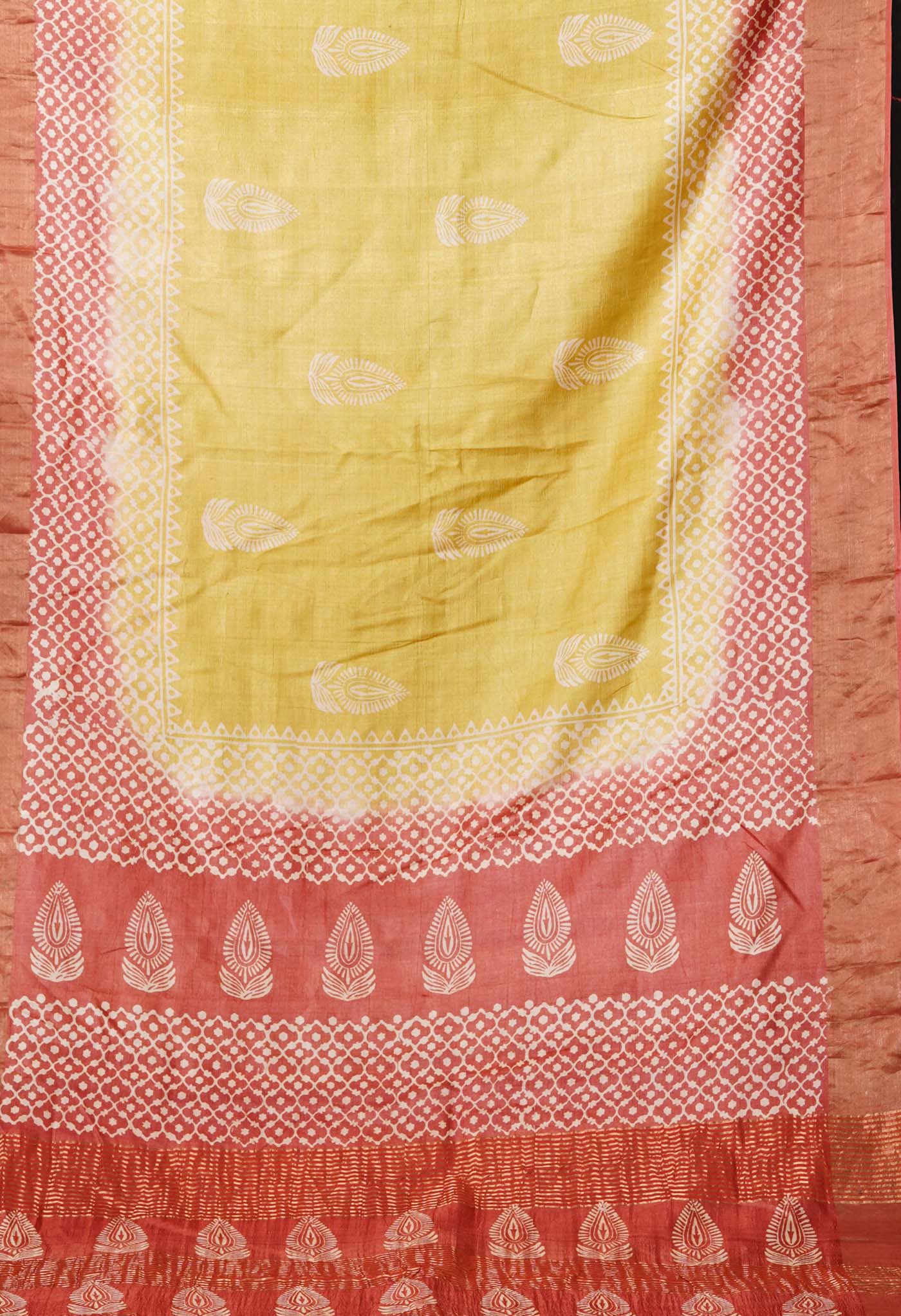 Yellow Pure Handloom Block Printed Bengal Tussar Silk Saree