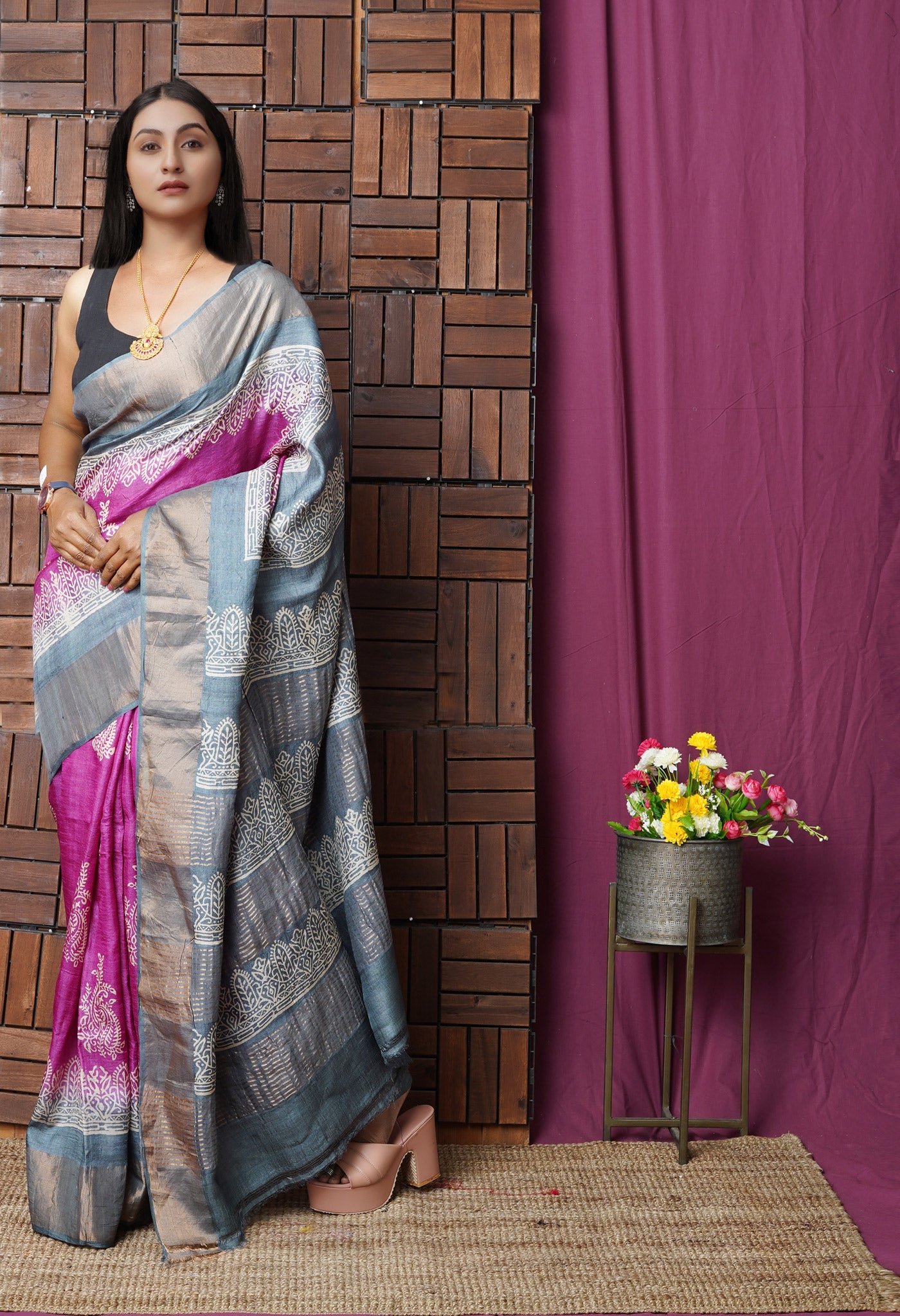 Pink Pure Handloom Block Printed Bengal Tussar Silk Saree