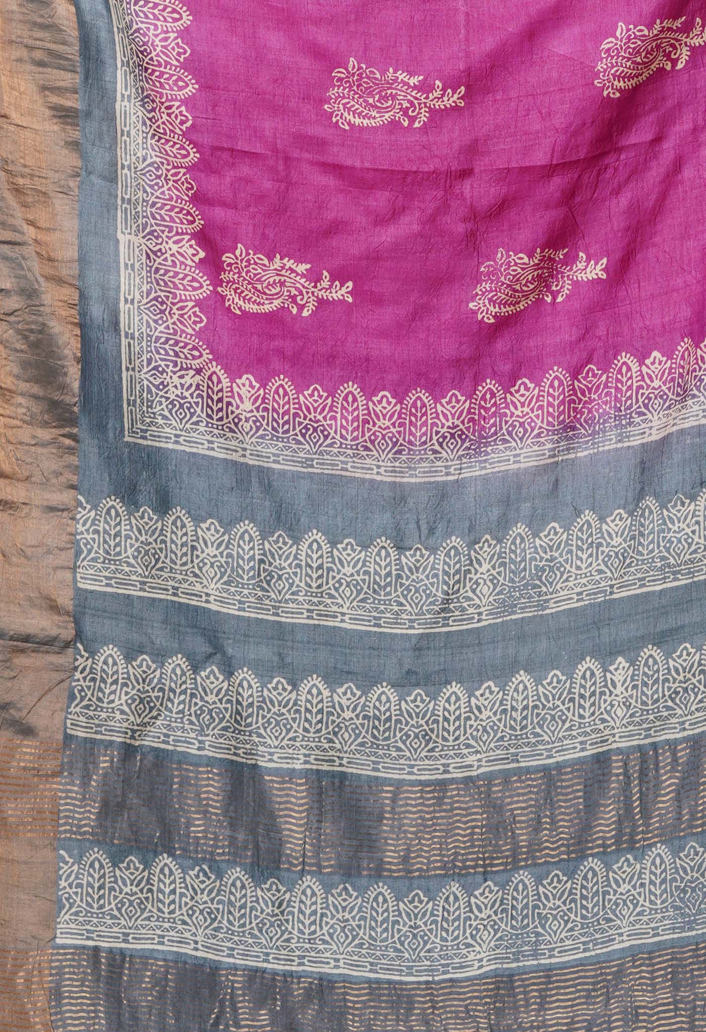 Pink Pure Handloom Block Printed Bengal Tussar Silk Saree