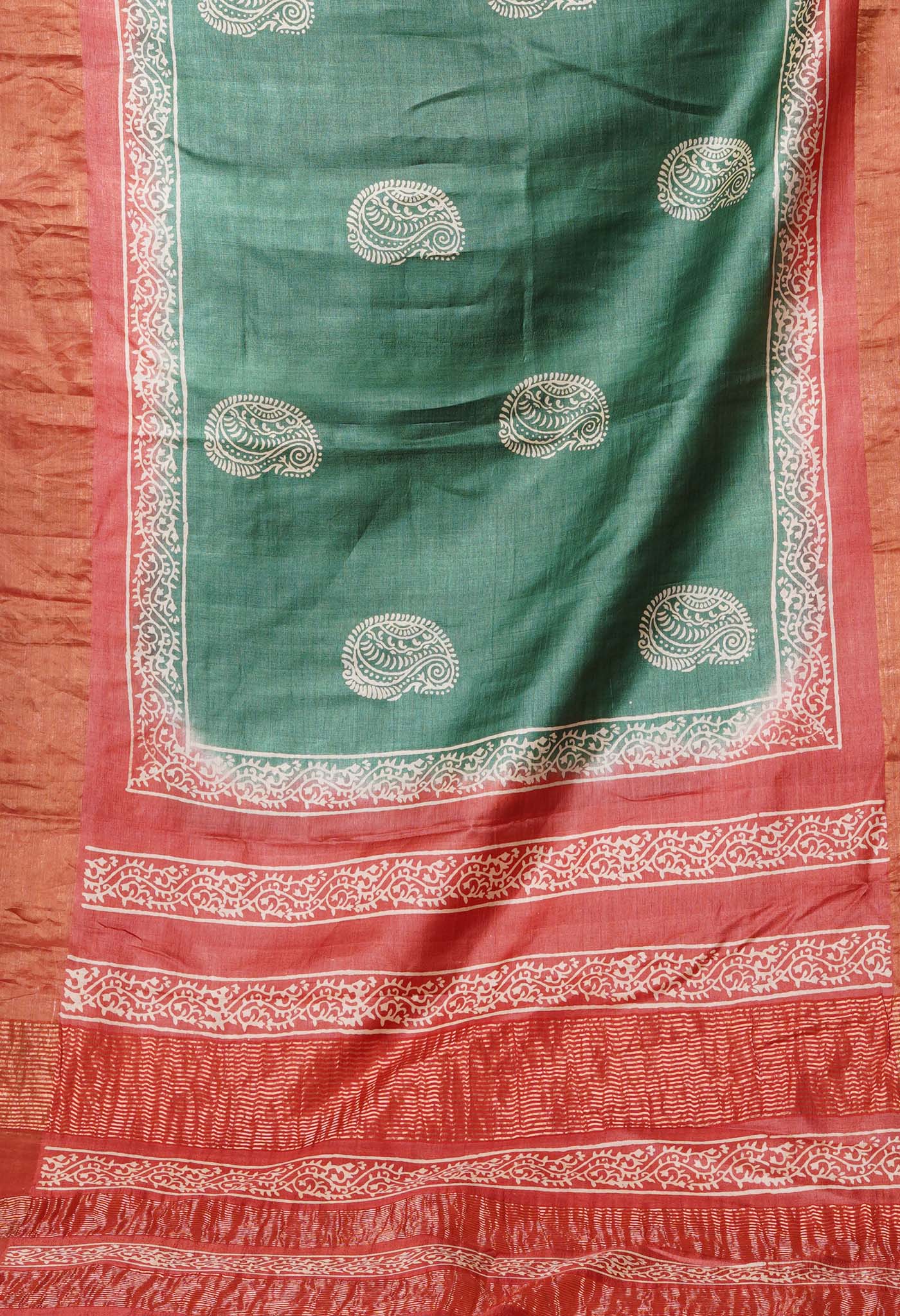 Green Pure Handloom Block Printed Bengal Tussar Silk Saree