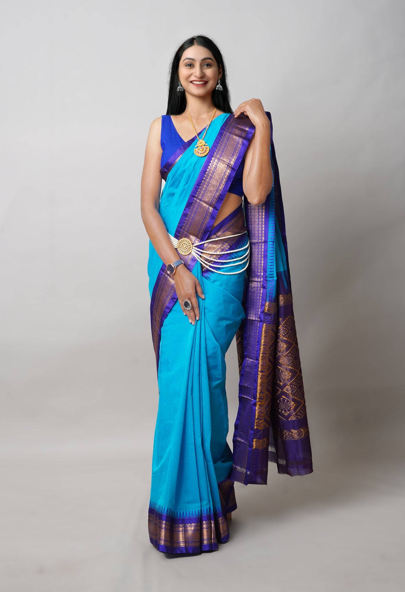 Blue Pure Handloom Gadwal Cotton Saree