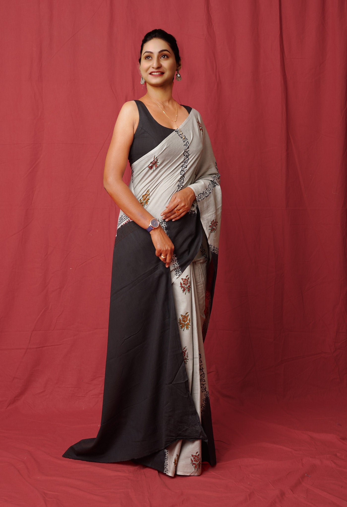 Grey Pure  Hand Block Printed Soft Cotton Saree