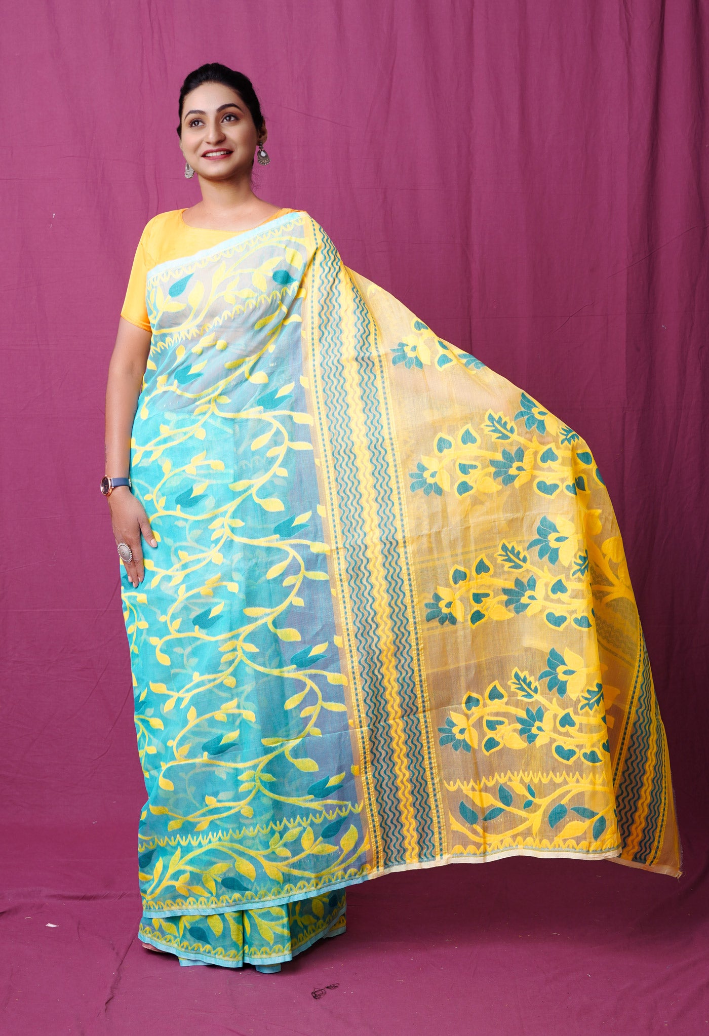Blue Pure Handloom Dhakai Jamdhani Cotton Saree
