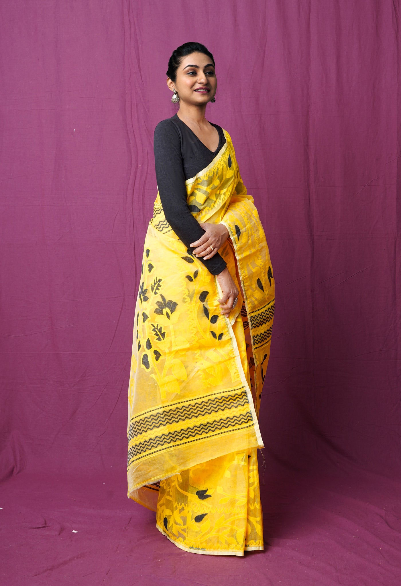 Yellow Pure Handloom Dhakai Jamdhani Cotton Saree