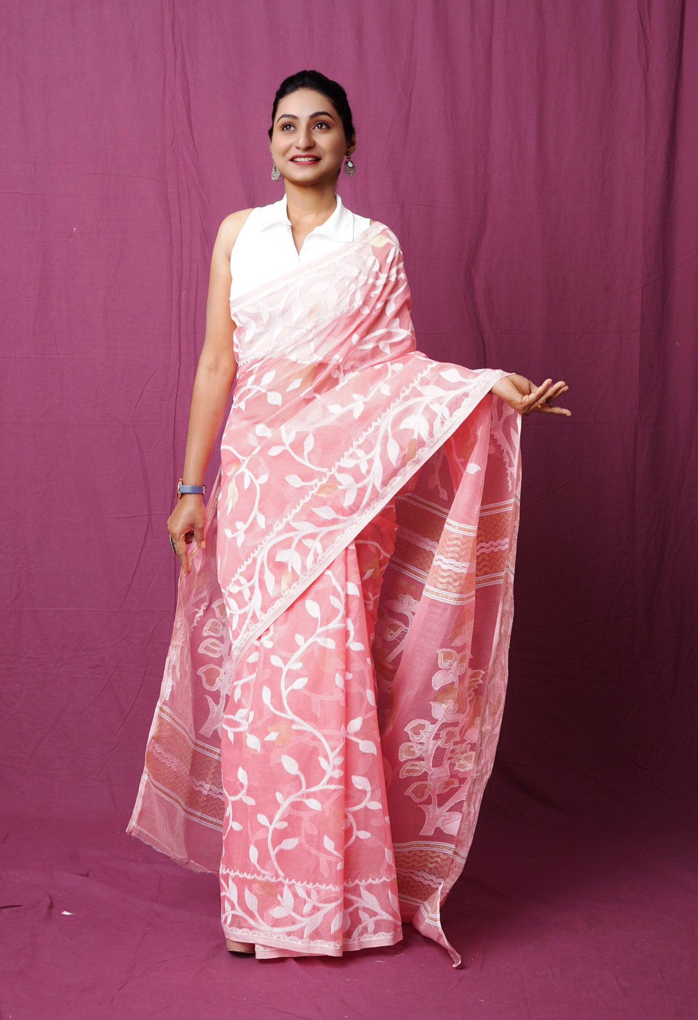 Pink Pure Handloom Dhakai Jamdhani Cotton Saree