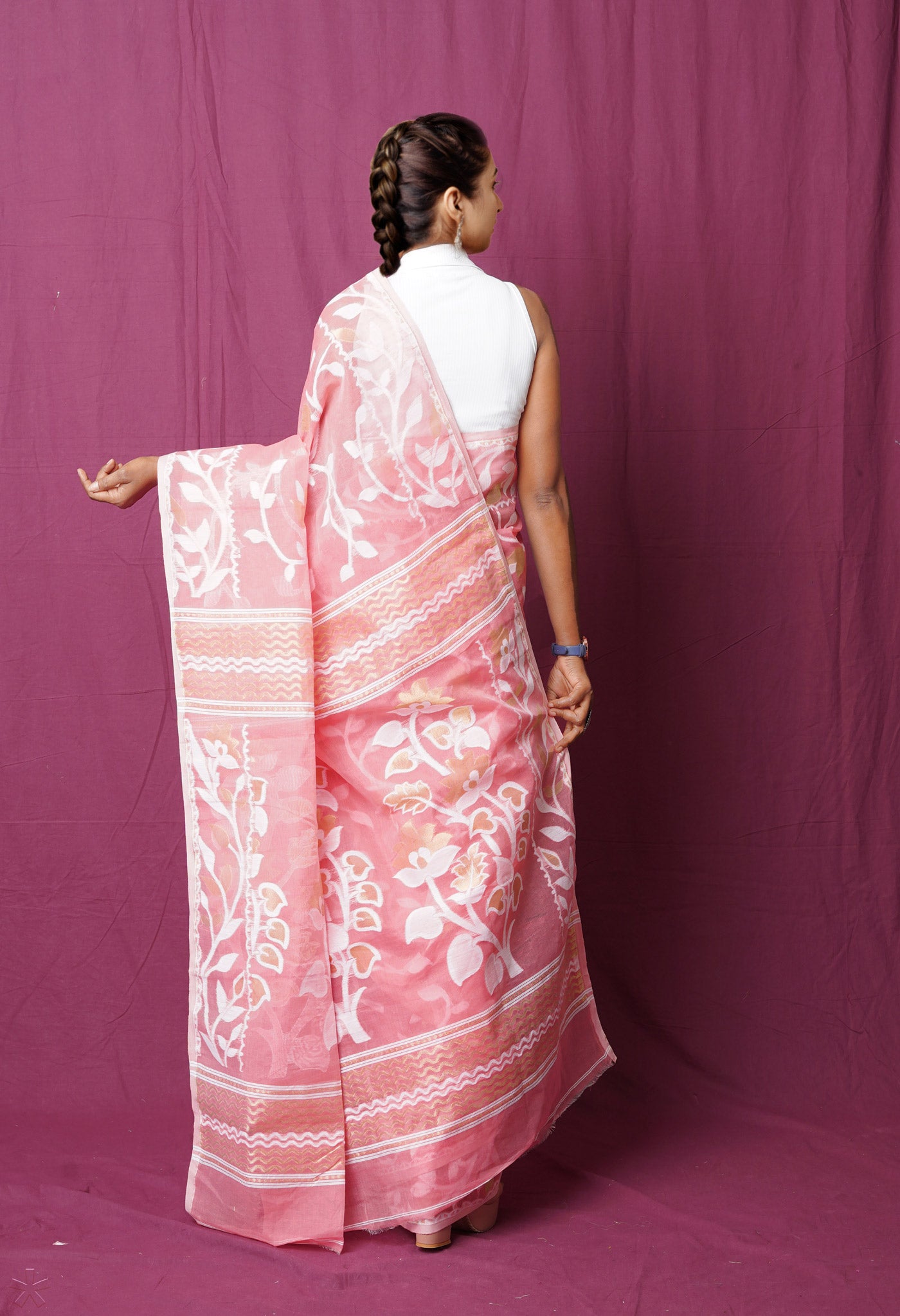 Pink Pure Handloom Dhakai Jamdhani Cotton Saree