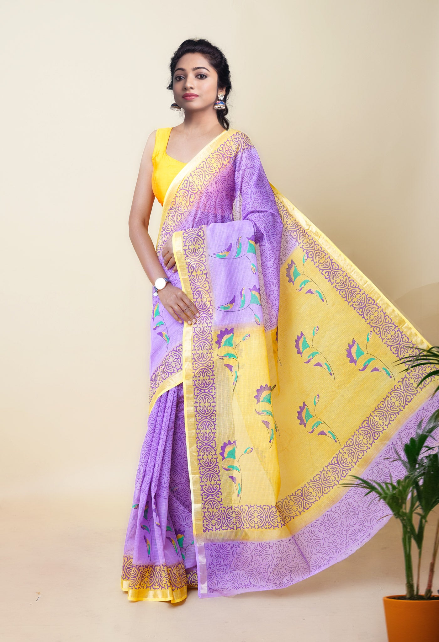 Purple Pure  Hand Block Printed Kota Saree