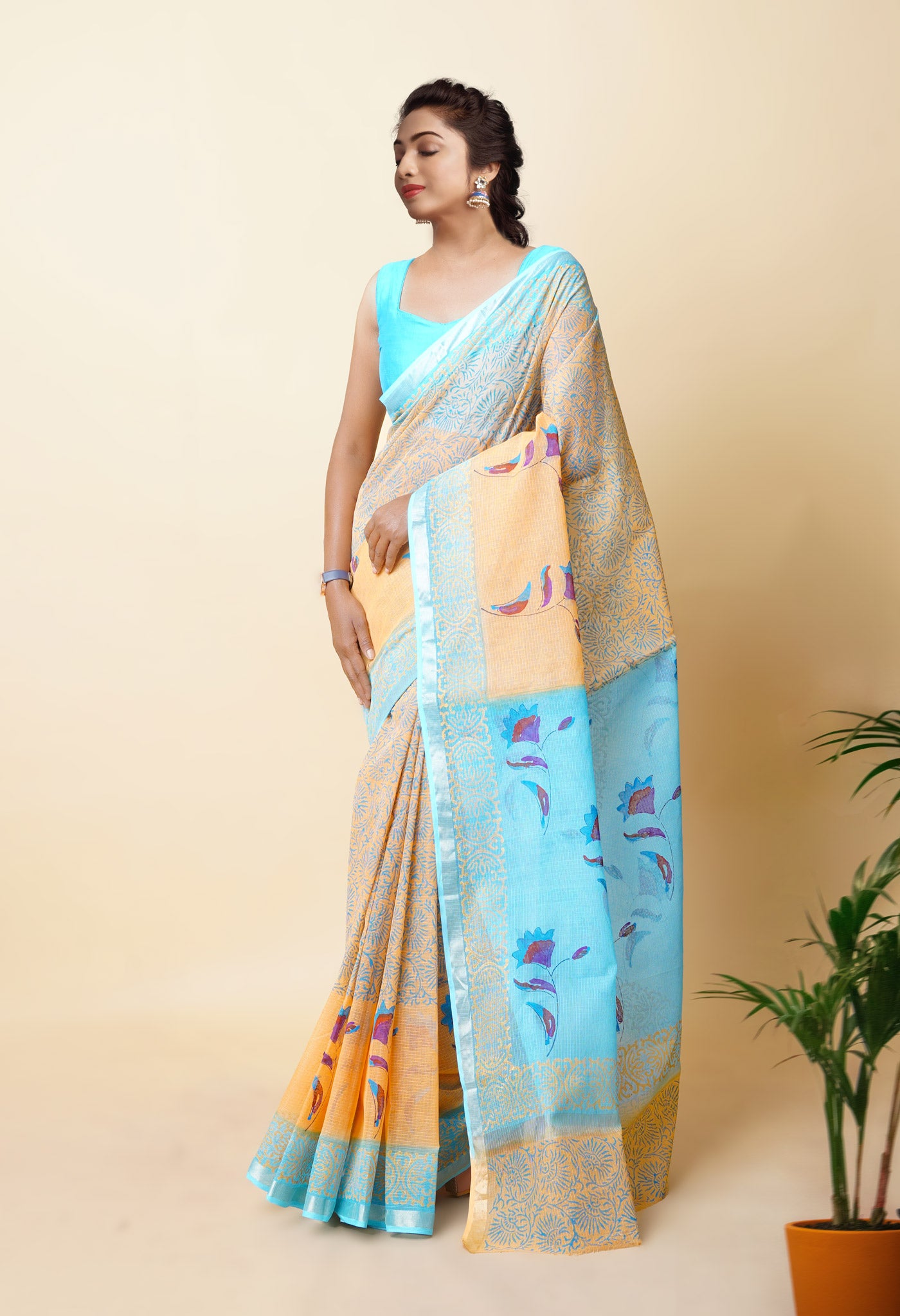 Yellow Pure  Hand Block Printed Kota Saree