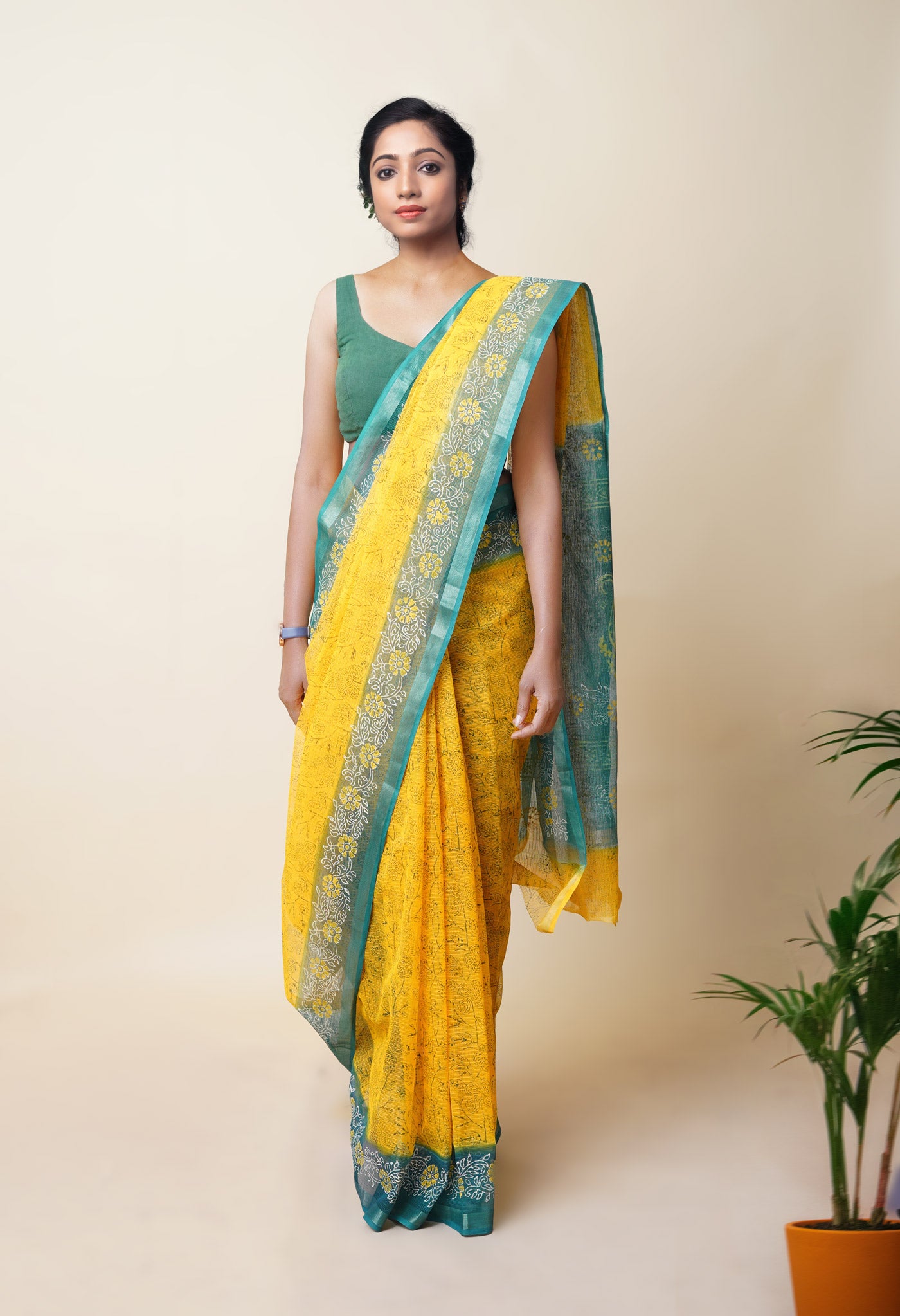 Yellow Pure  Hand Block Printed Kota Saree