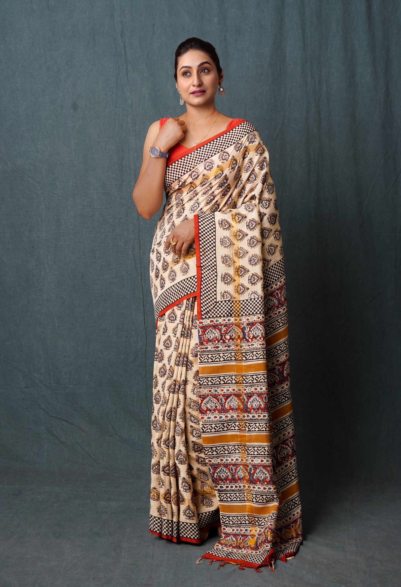 Cream Pure Bagru Printed Soft Silk Saree