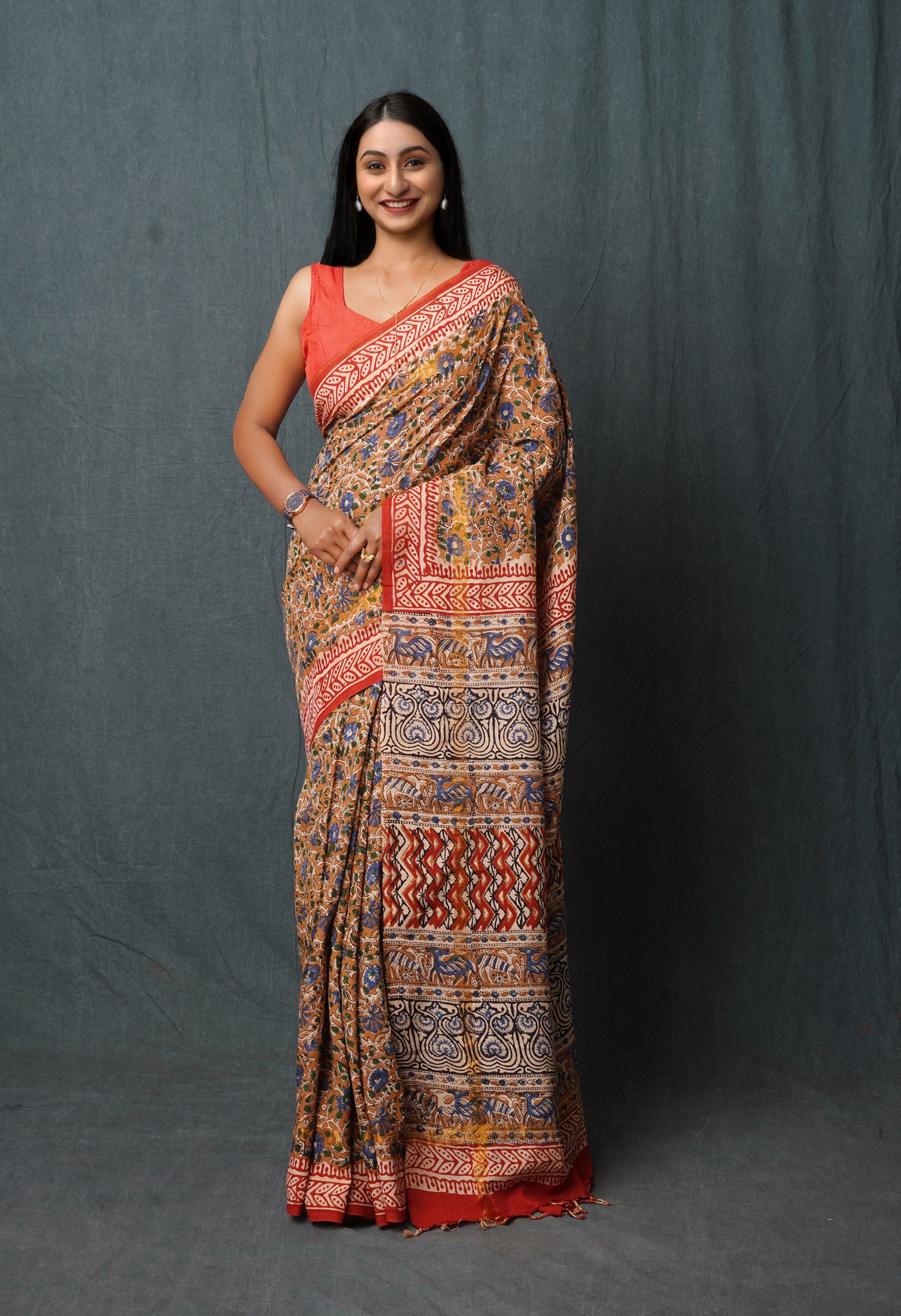 Brown Pure Bagru Printed Soft Silk Saree