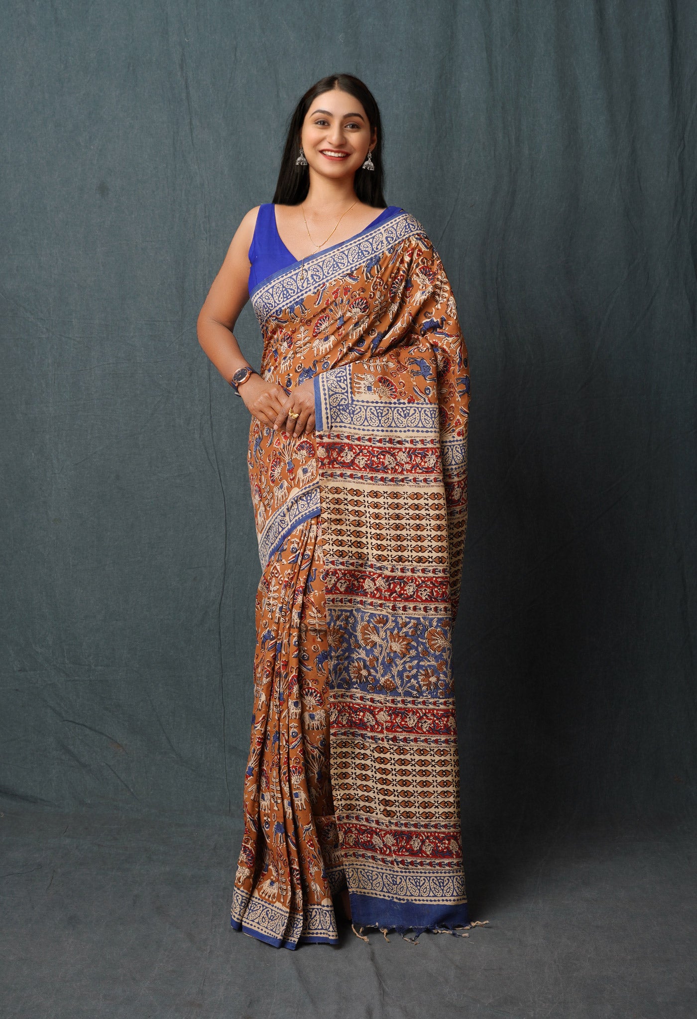 Brown Pure Bagru Printed Soft Silk Saree