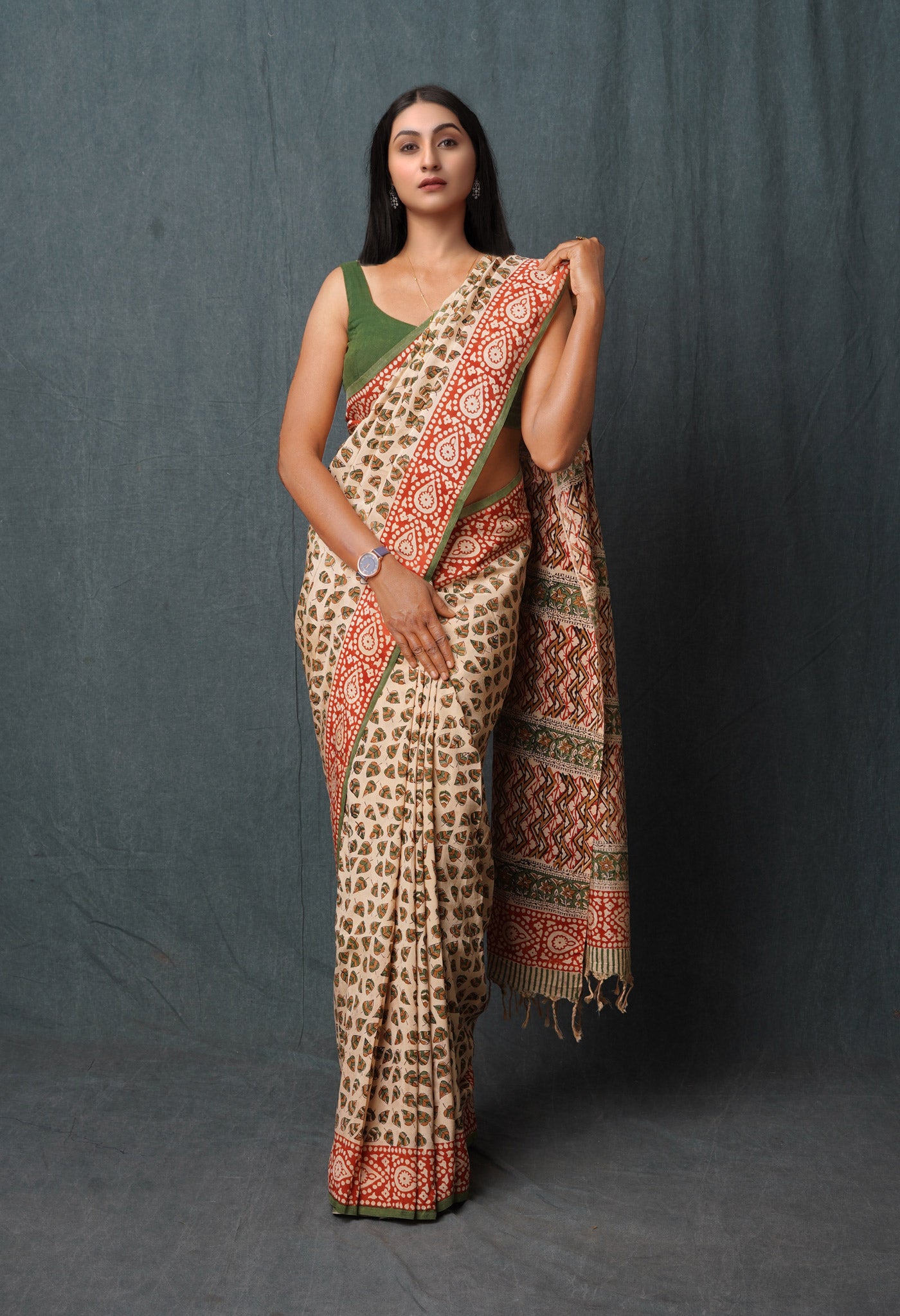 Cream Pure Bagru Printed Soft Silk Saree