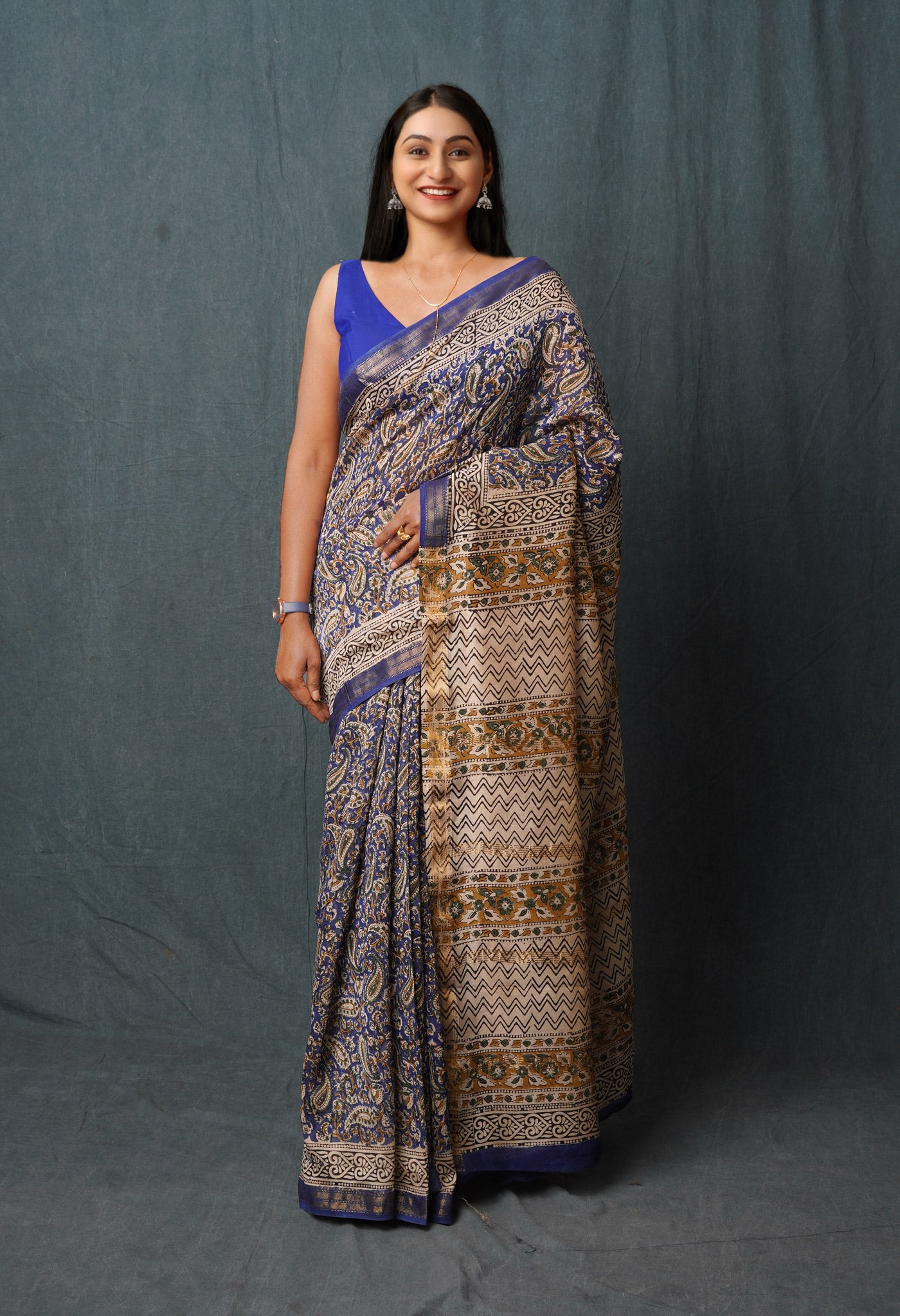 Blue Pure Bagru Printed Soft Silk Saree