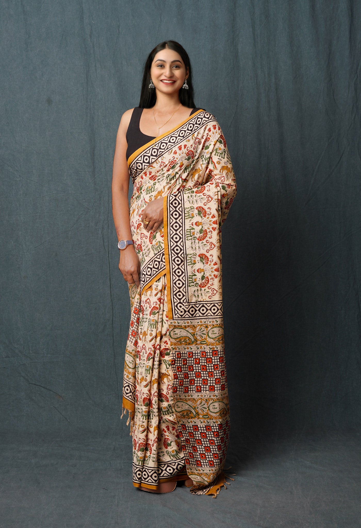 Cream Pure Bagru Printed Soft Silk Saree