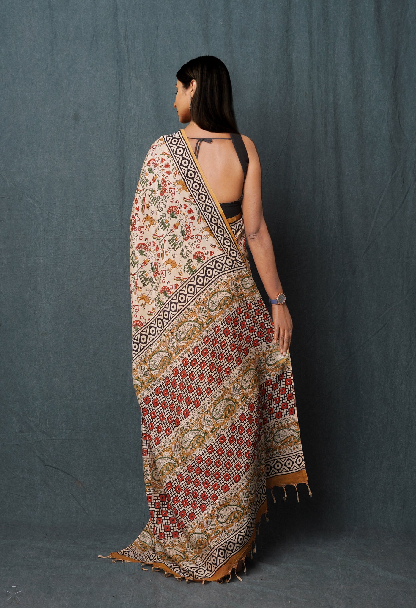 Cream Pure Bagru Printed Soft Silk Saree