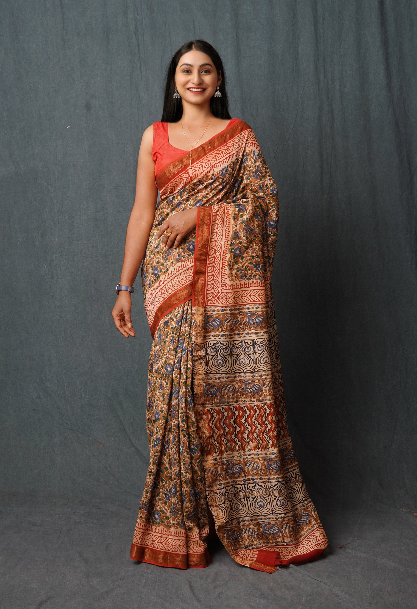 Brown Pure Bagru Printed Maheshwari Sico Saree