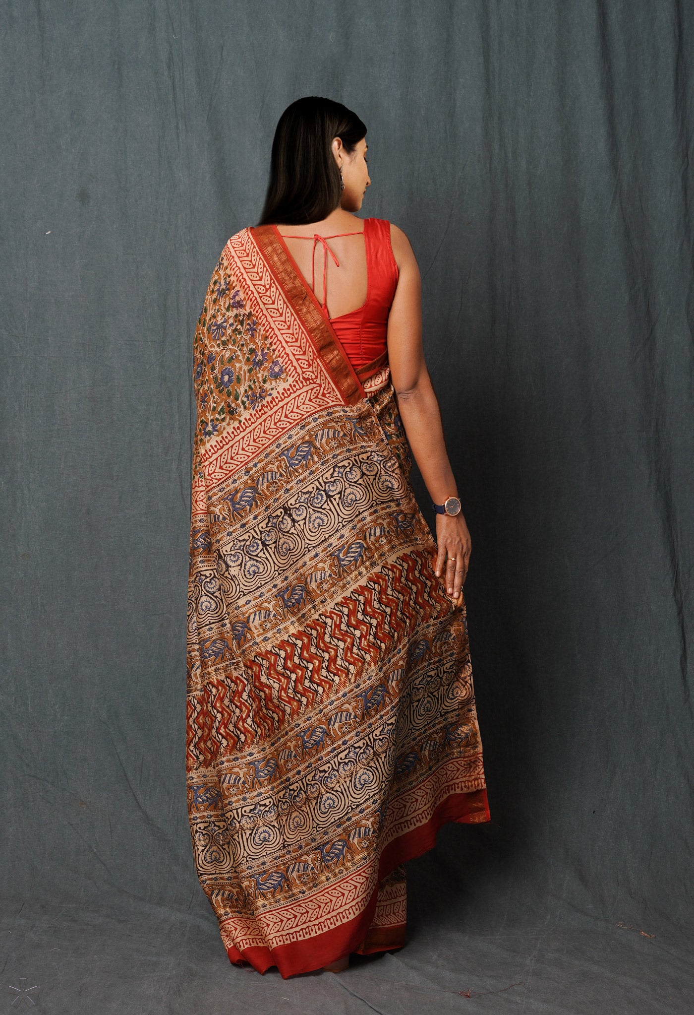 Brown Pure Bagru Printed Maheshwari Sico Saree