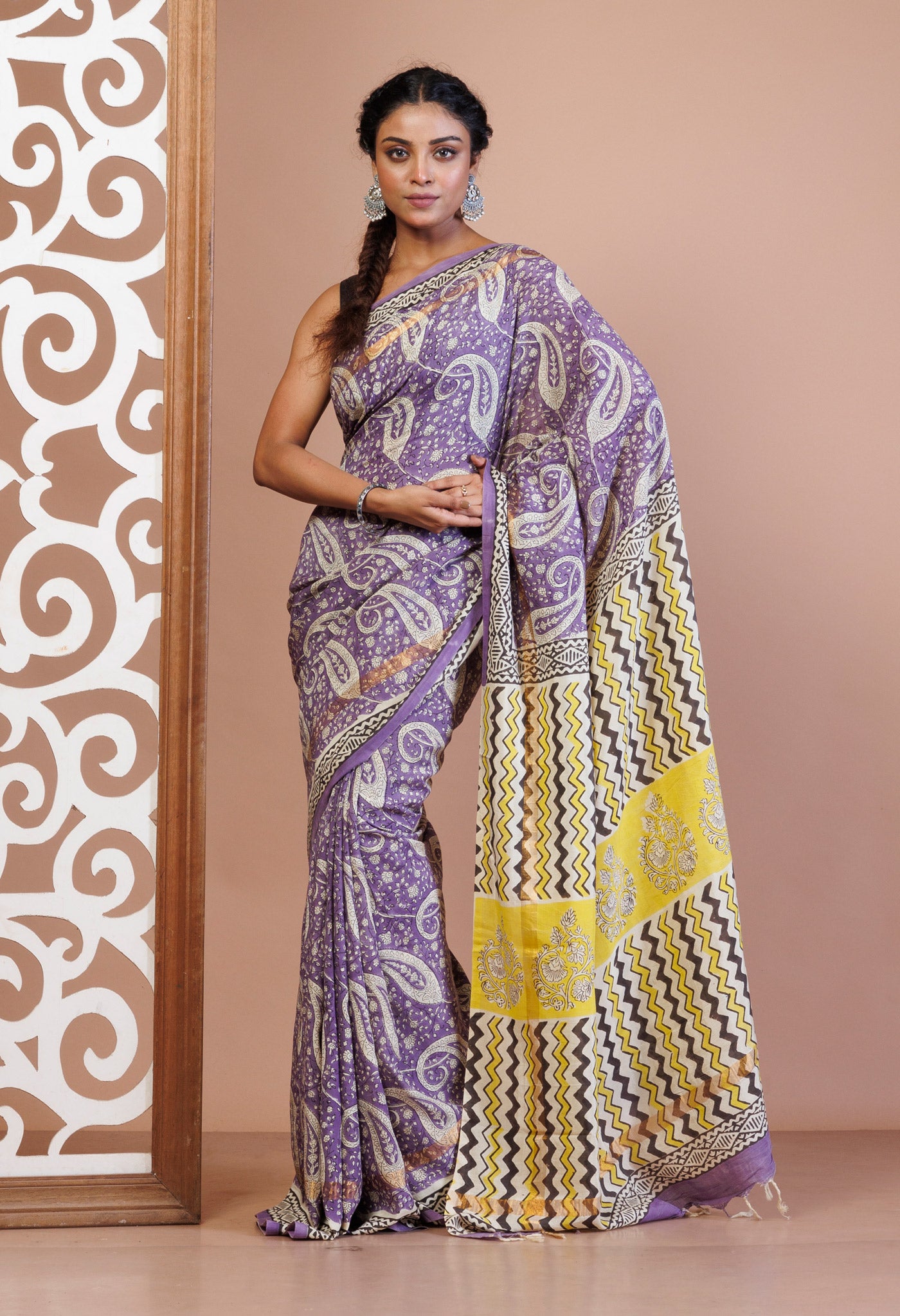 Purple Pure Bagru Printed Soft Silk Saree