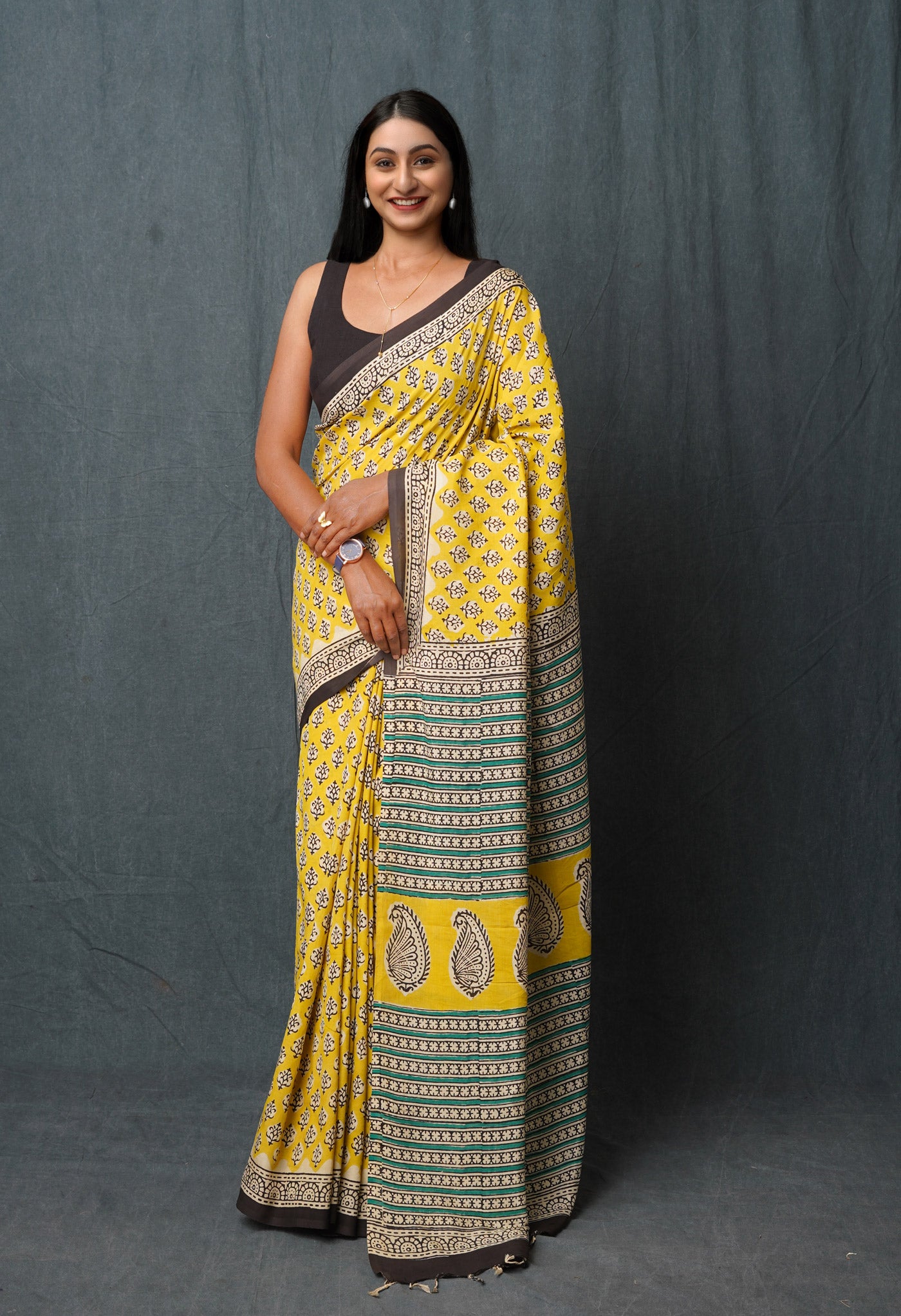 Yellow Pure Bagru Printed Soft Silk Saree