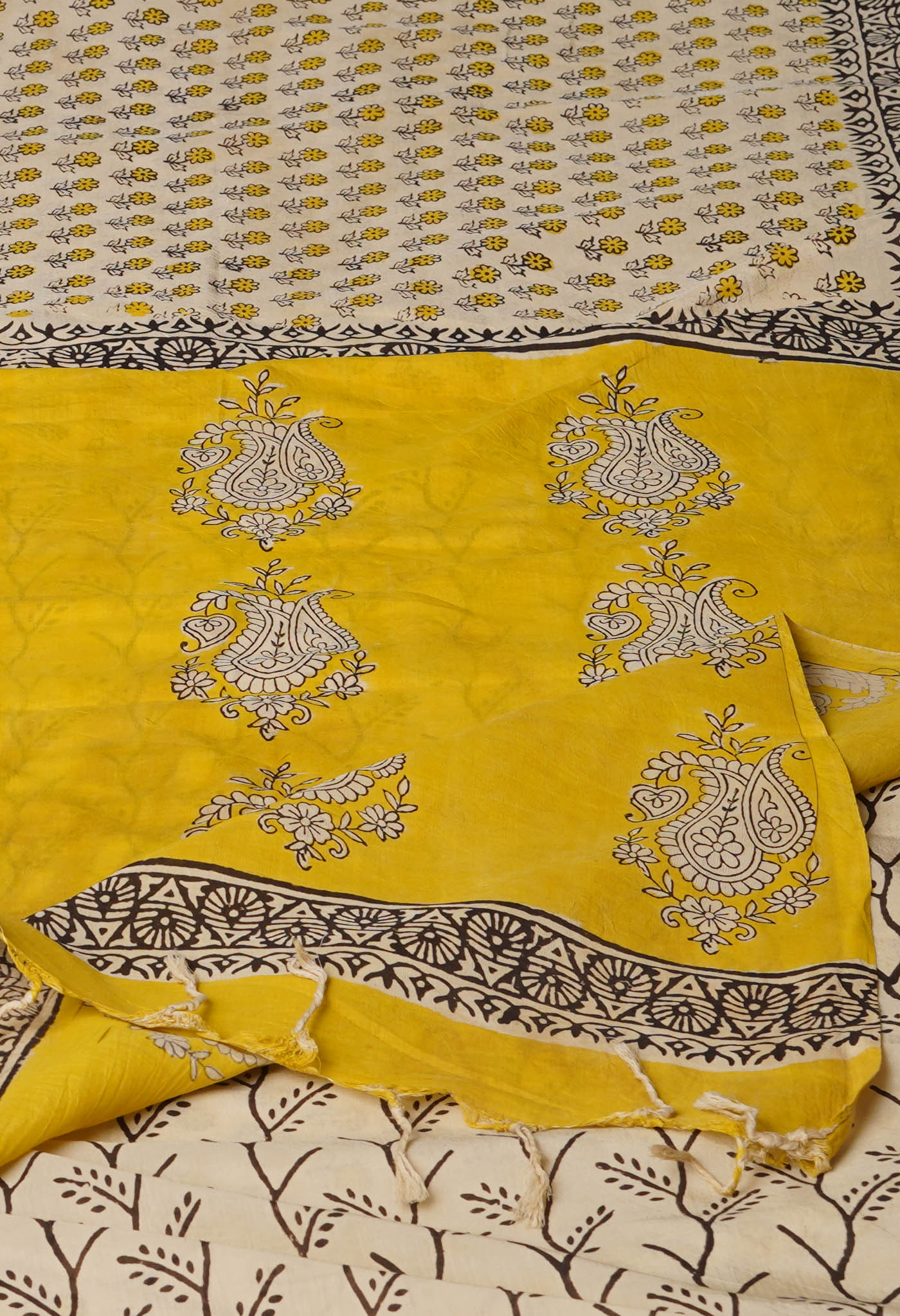 Cream Pure Bagru Printed Soft Silk Saree