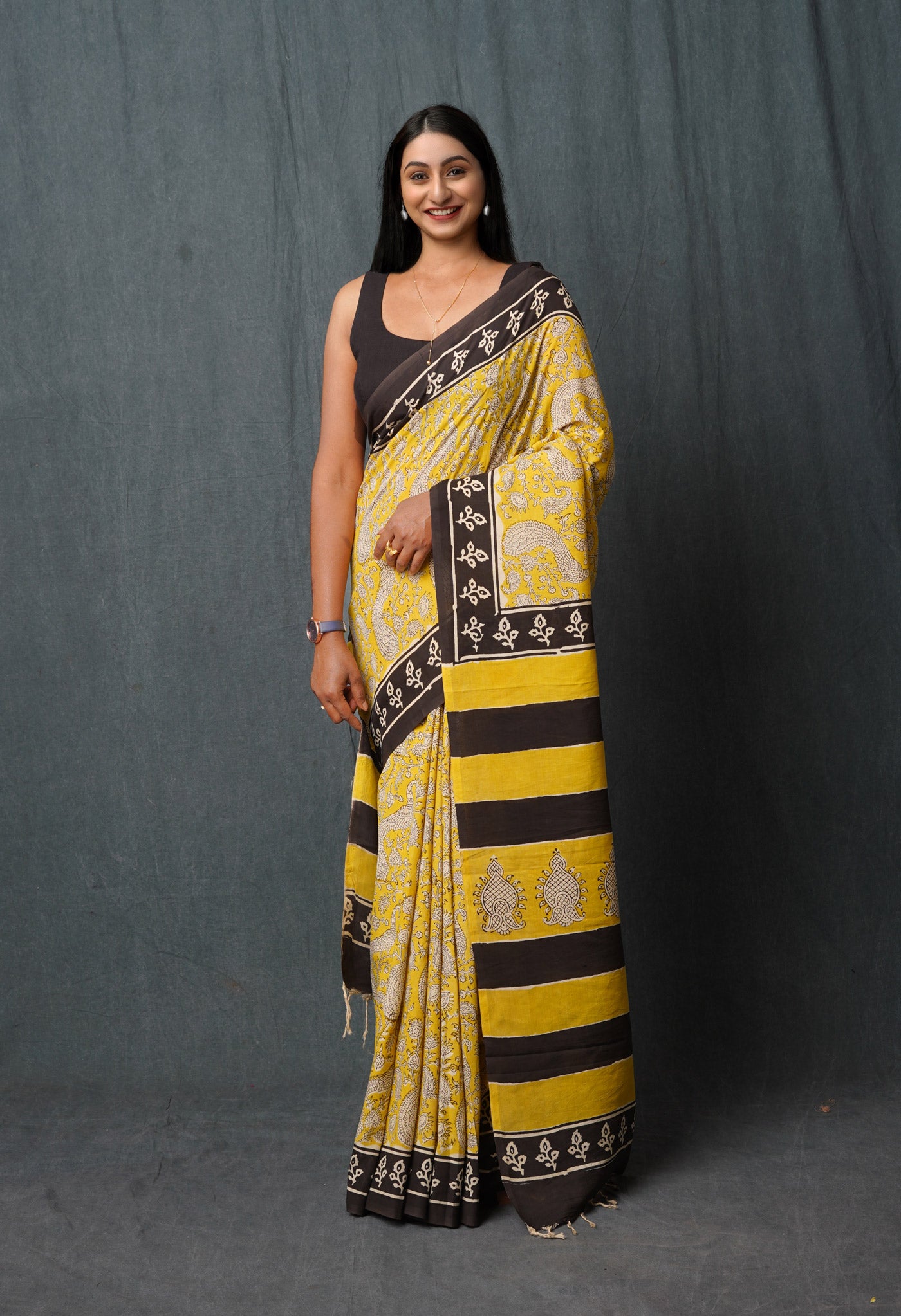 Yellow Pure Bagru Printed Soft Silk Saree