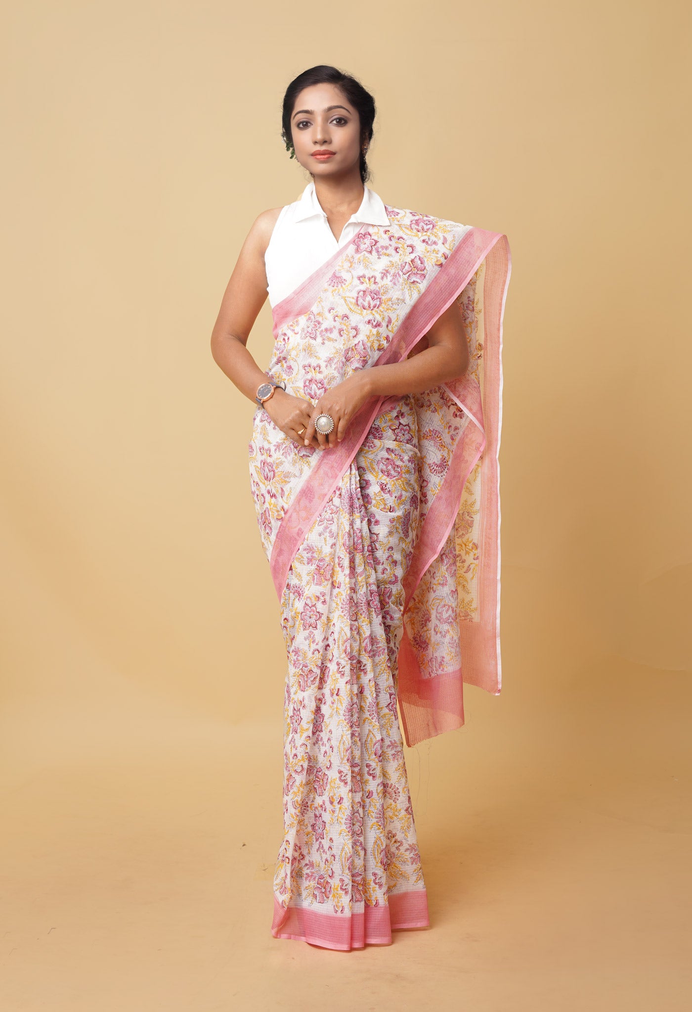 White Pure Hand Block Printed Kota Saree