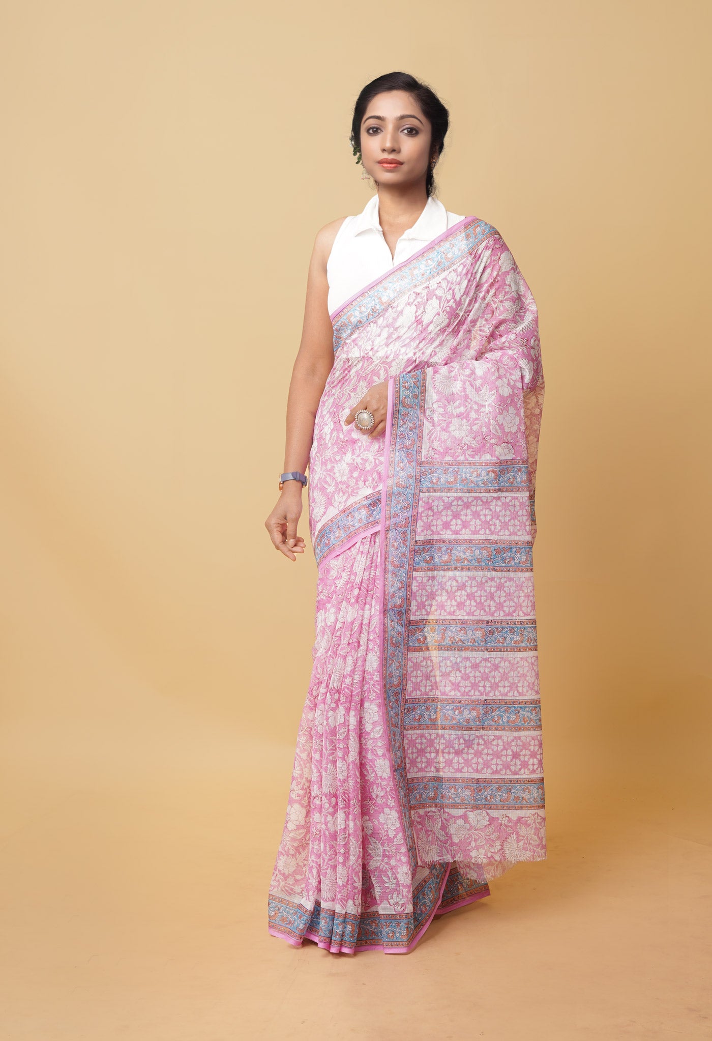 Pink Pure Hand Block Printed Kota Saree