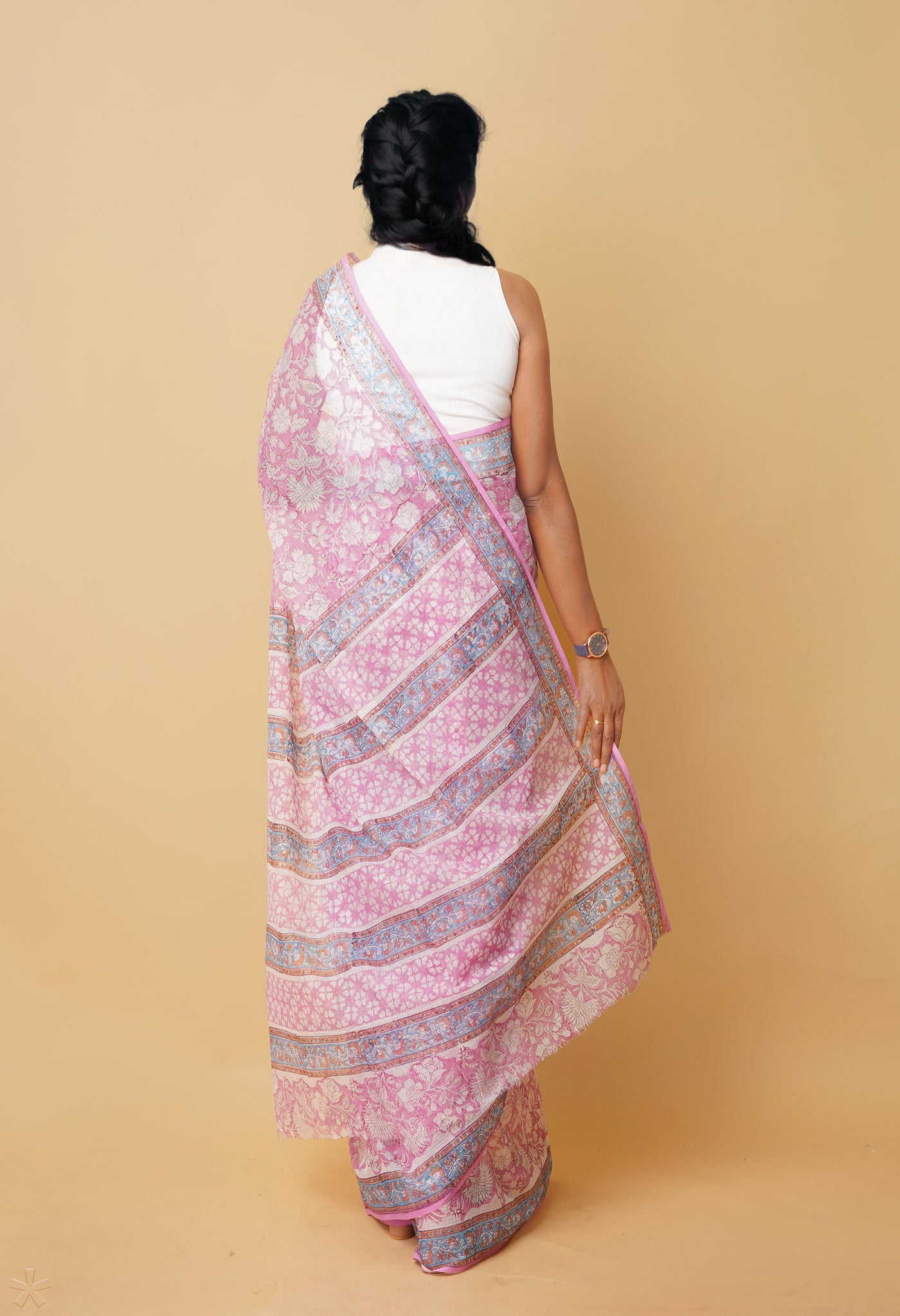 Pink Pure Hand Block Printed Kota Saree