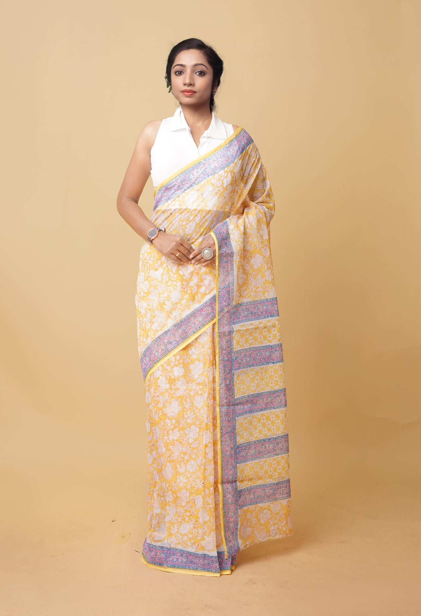 Yellow Pure Hand Block Printed Kota Saree