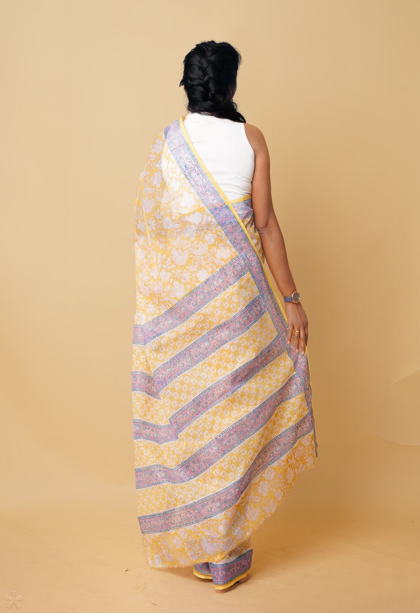 Yellow Pure Hand Block Printed Kota Saree