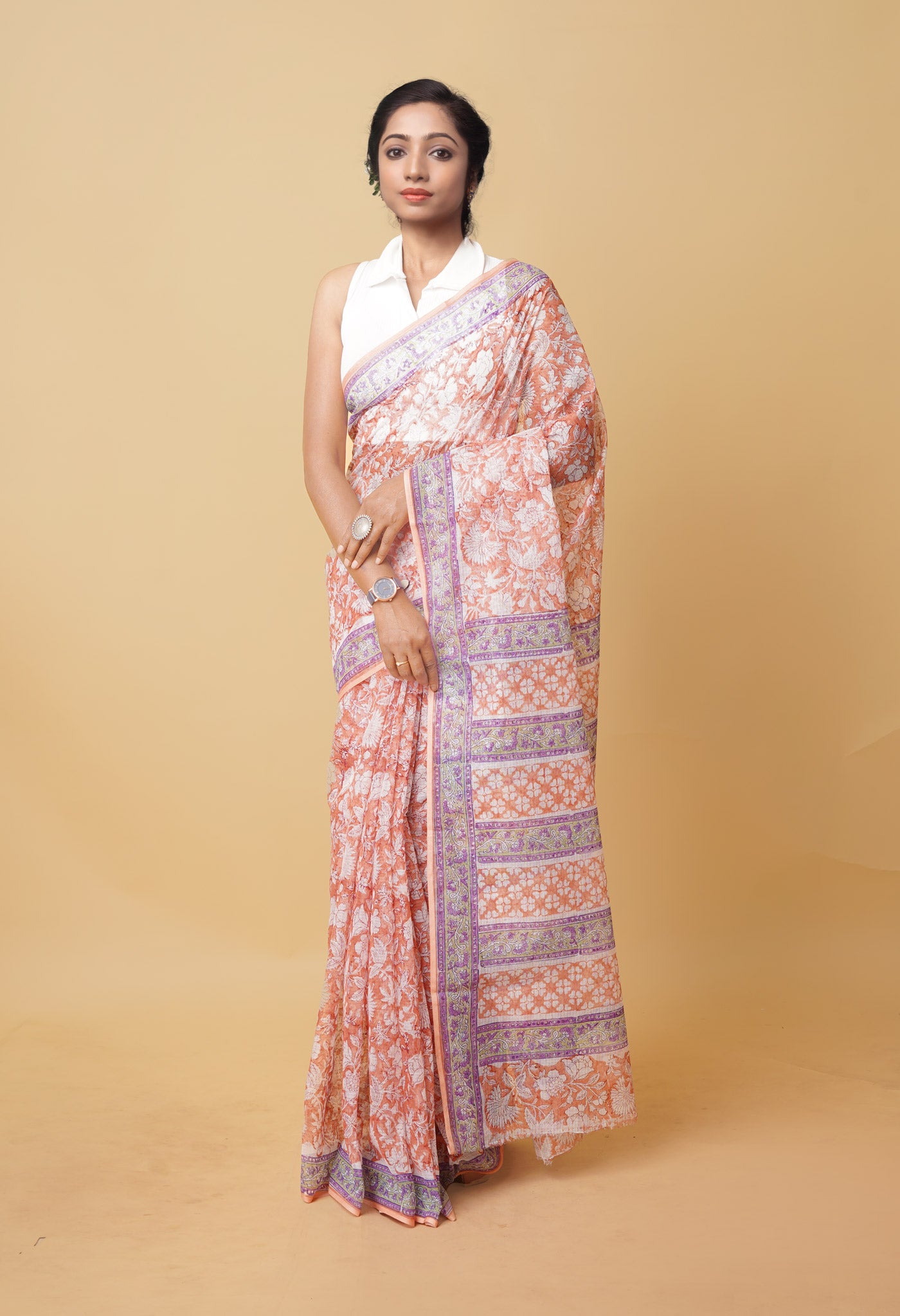 Orange Pure Hand Block Printed Kota Saree