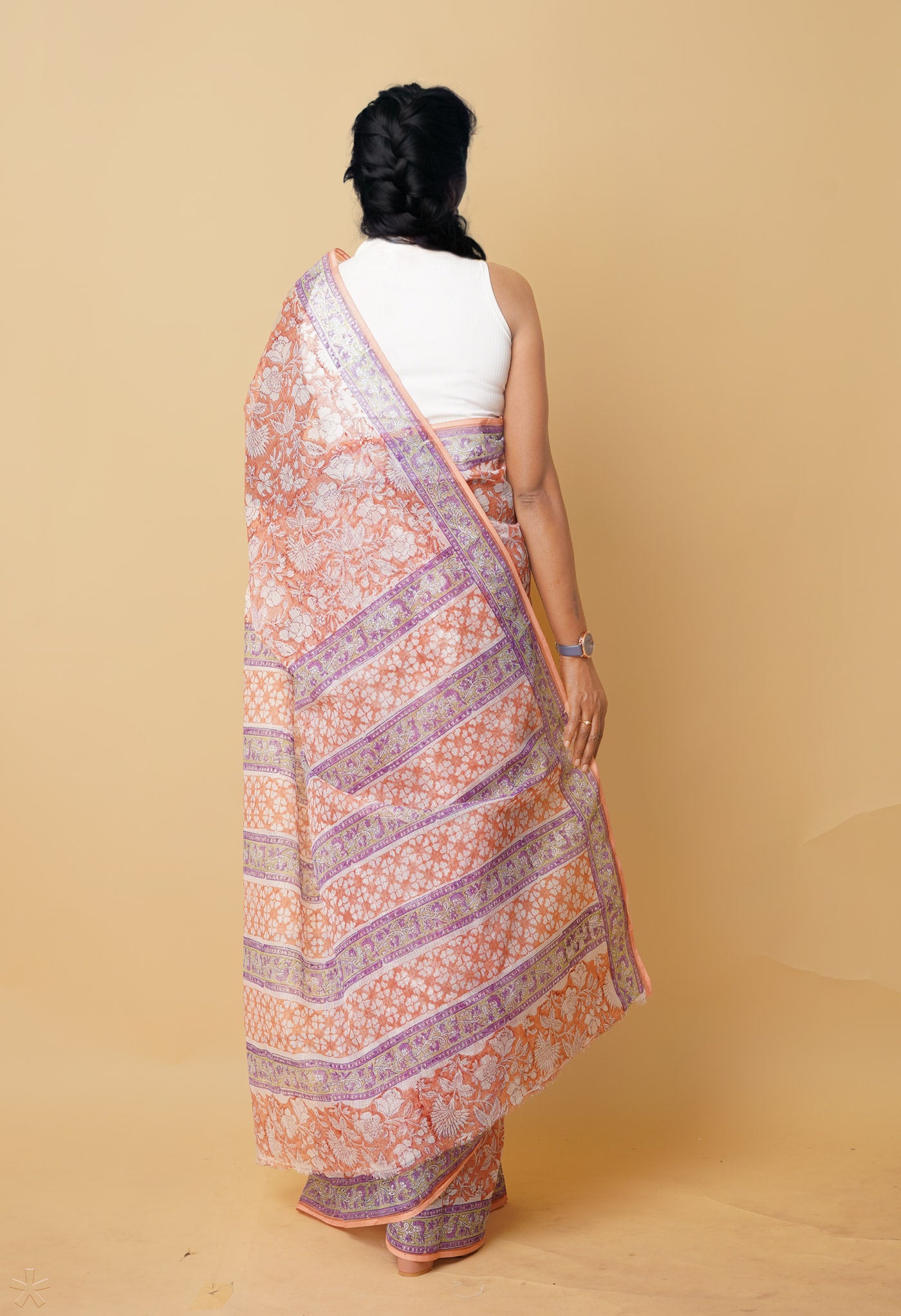 Orange Pure Hand Block Printed Kota Saree