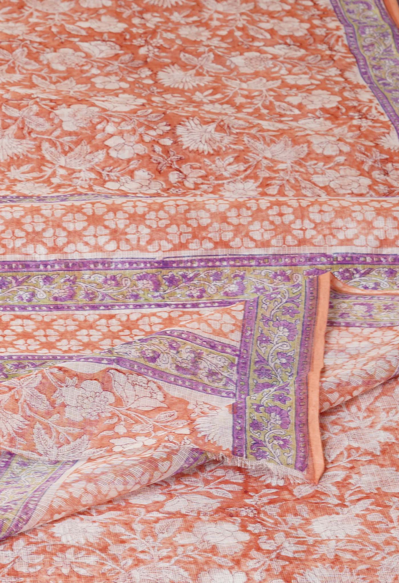 Orange Pure Hand Block Printed Kota Saree