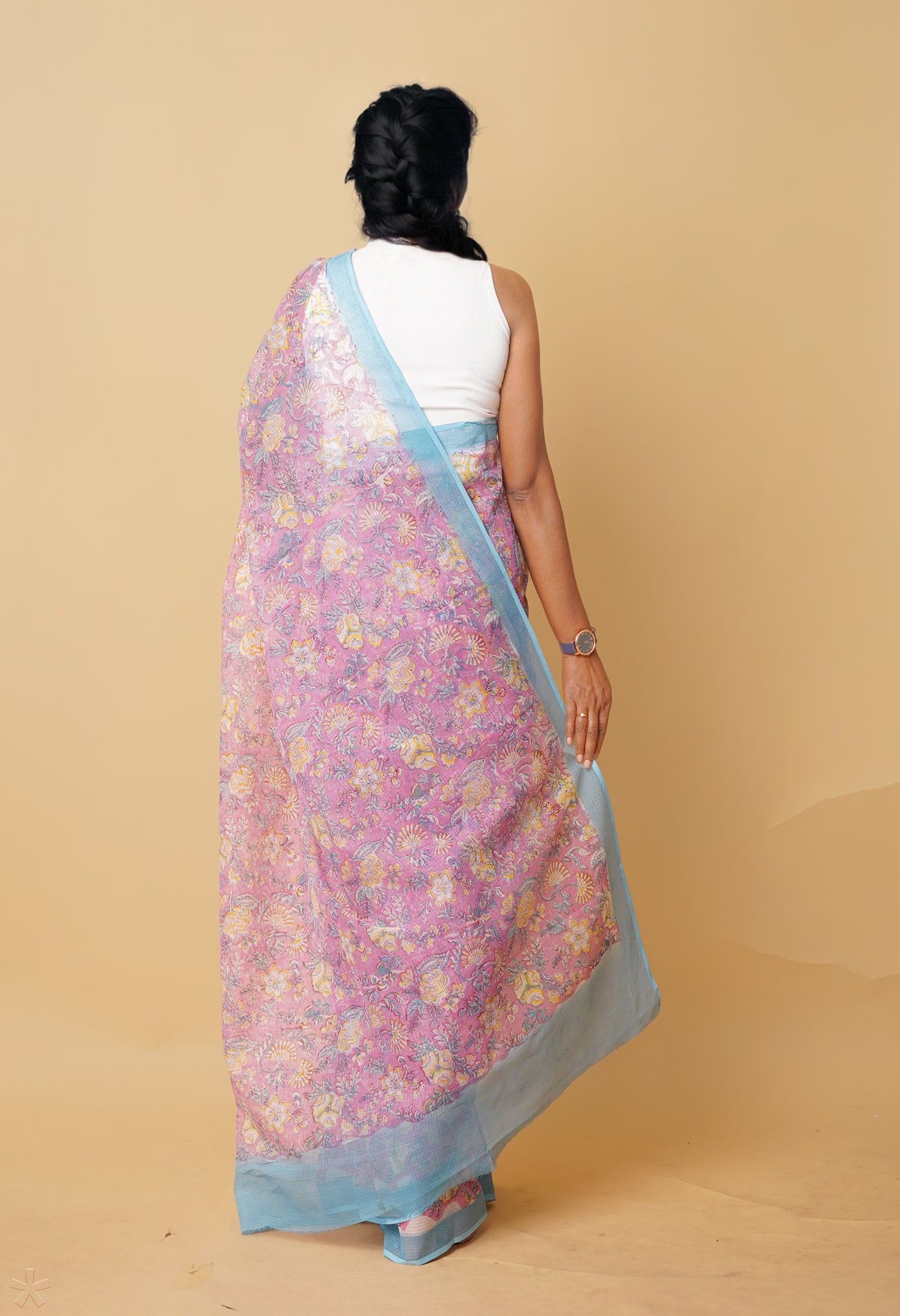 Pink Pure Hand Block Printed Kota Saree