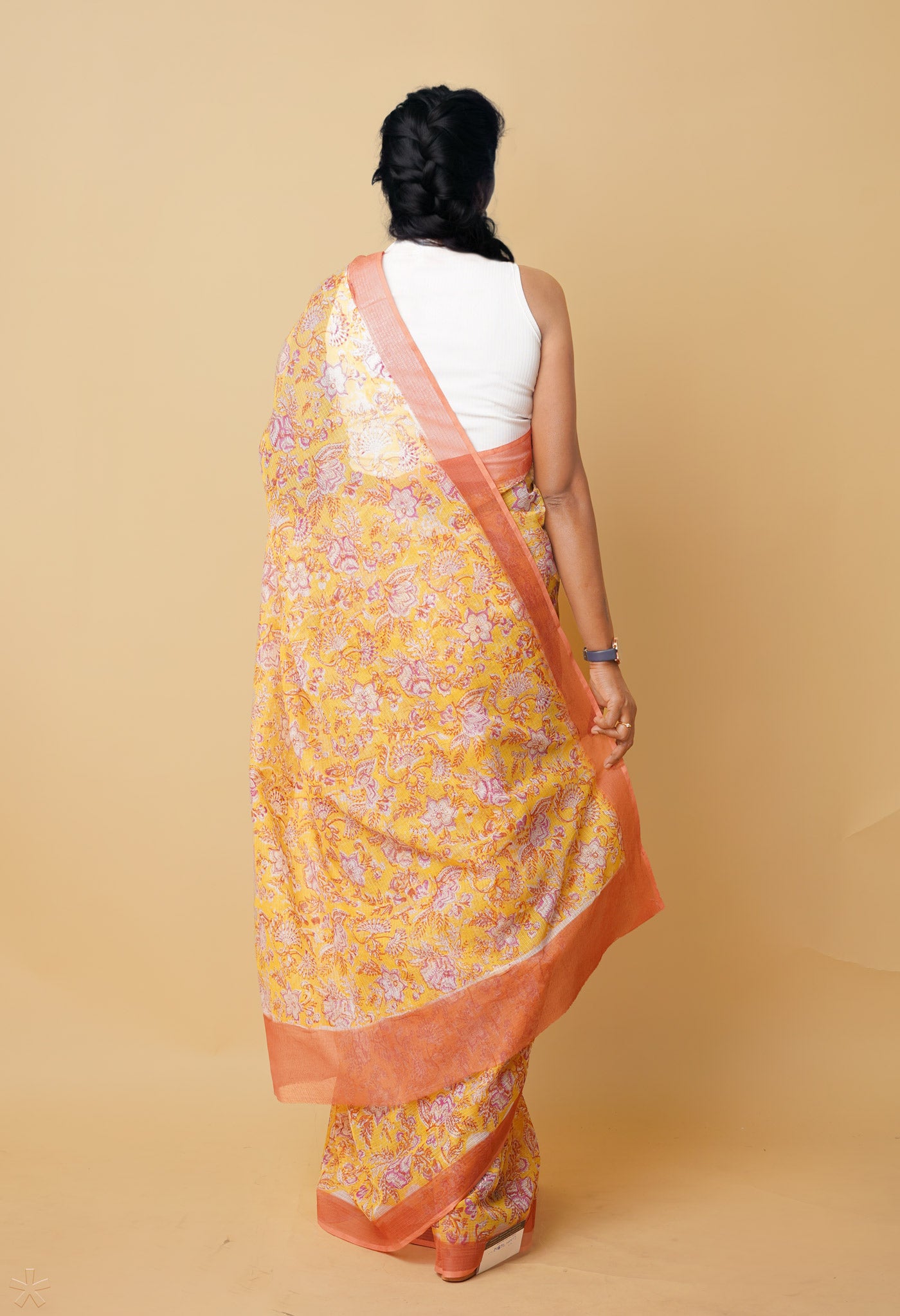 Yellow Pure Hand Block Printed Kota Saree