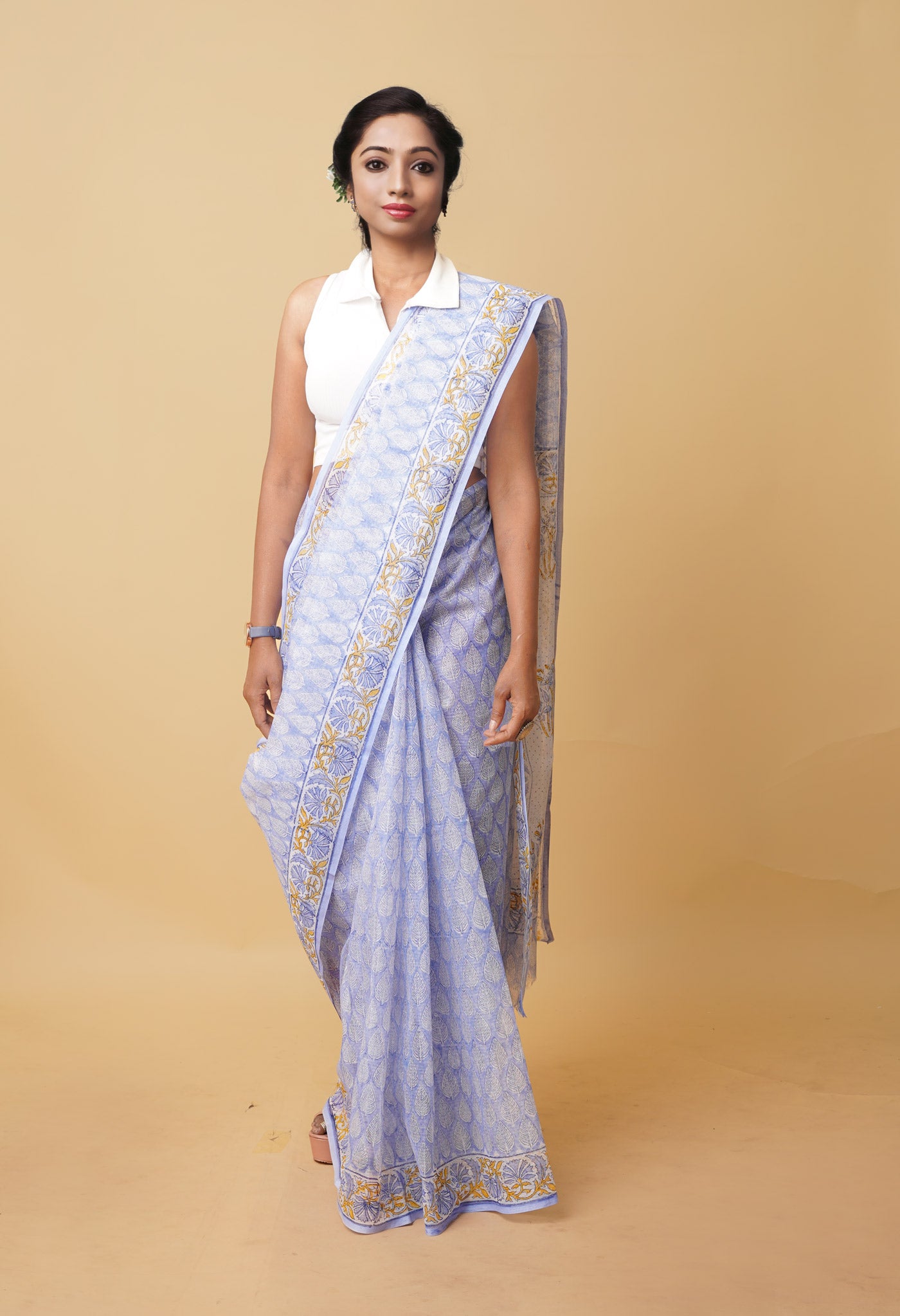 Blue Pure Hand Block Printed Kota Saree