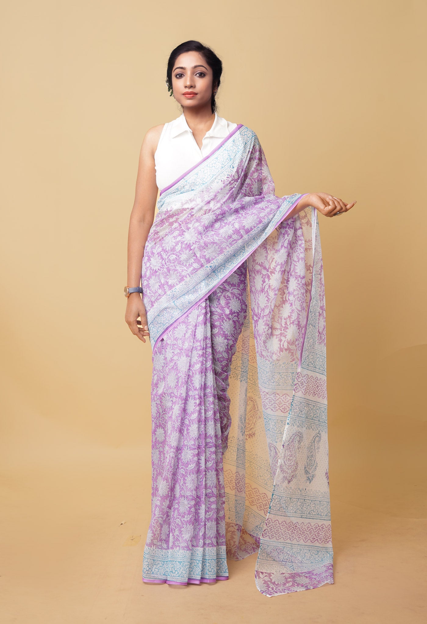 Purple Pure Hand Block Printed Kota Saree