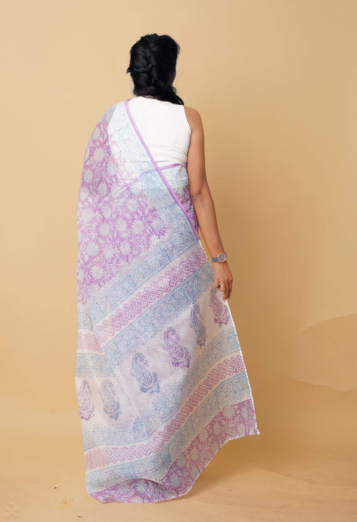 Purple Pure Hand Block Printed Kota Saree