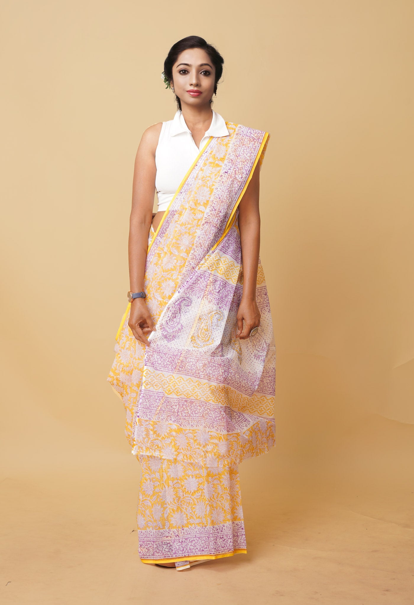 Yellow Pure Hand Block Printed Kota Saree