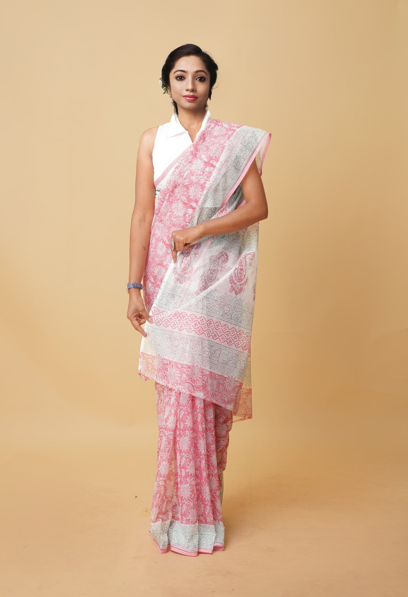 Pink Pure Hand Block Printed Kota Saree