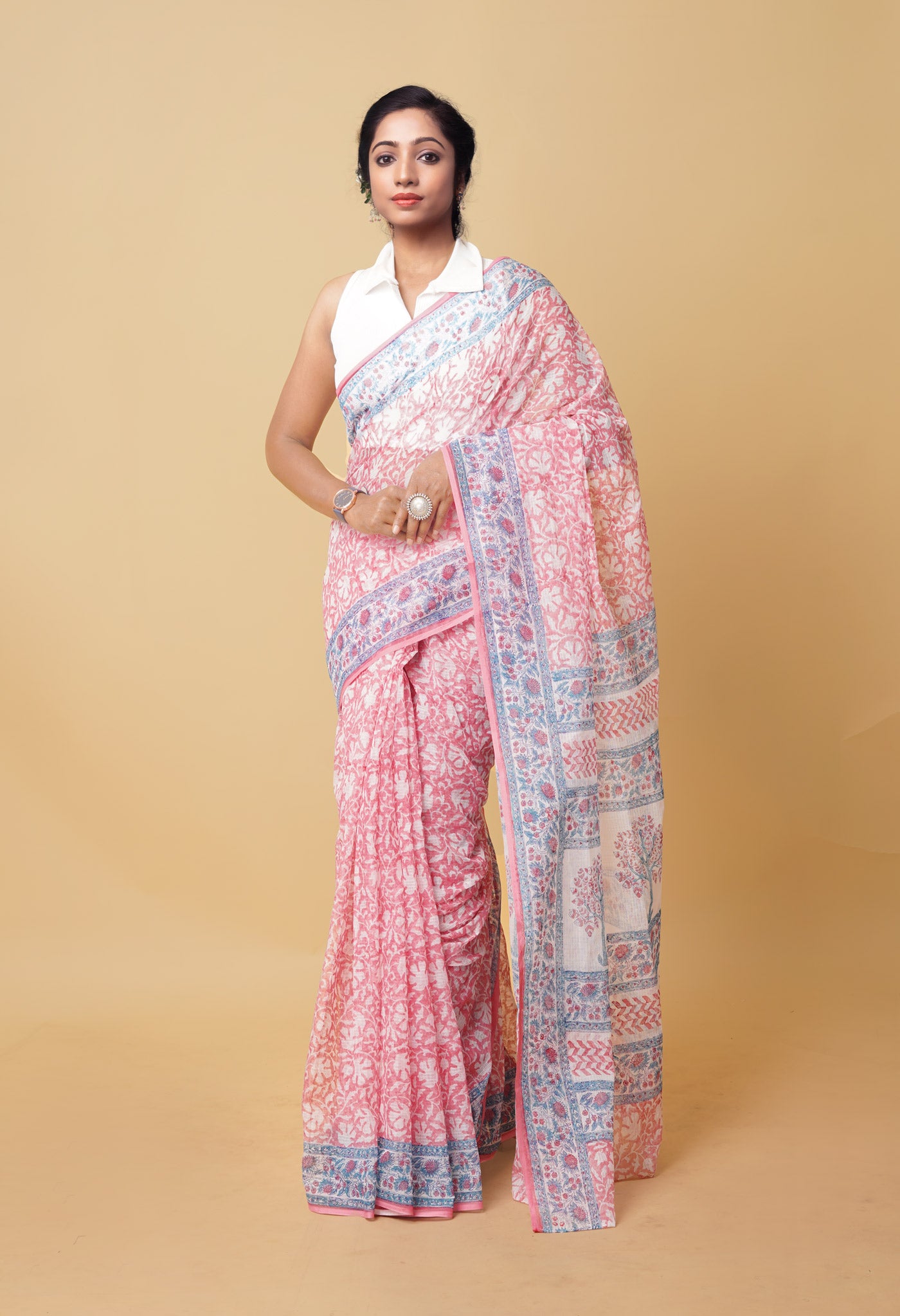 Pink Pure Hand Block Printed Kota Saree