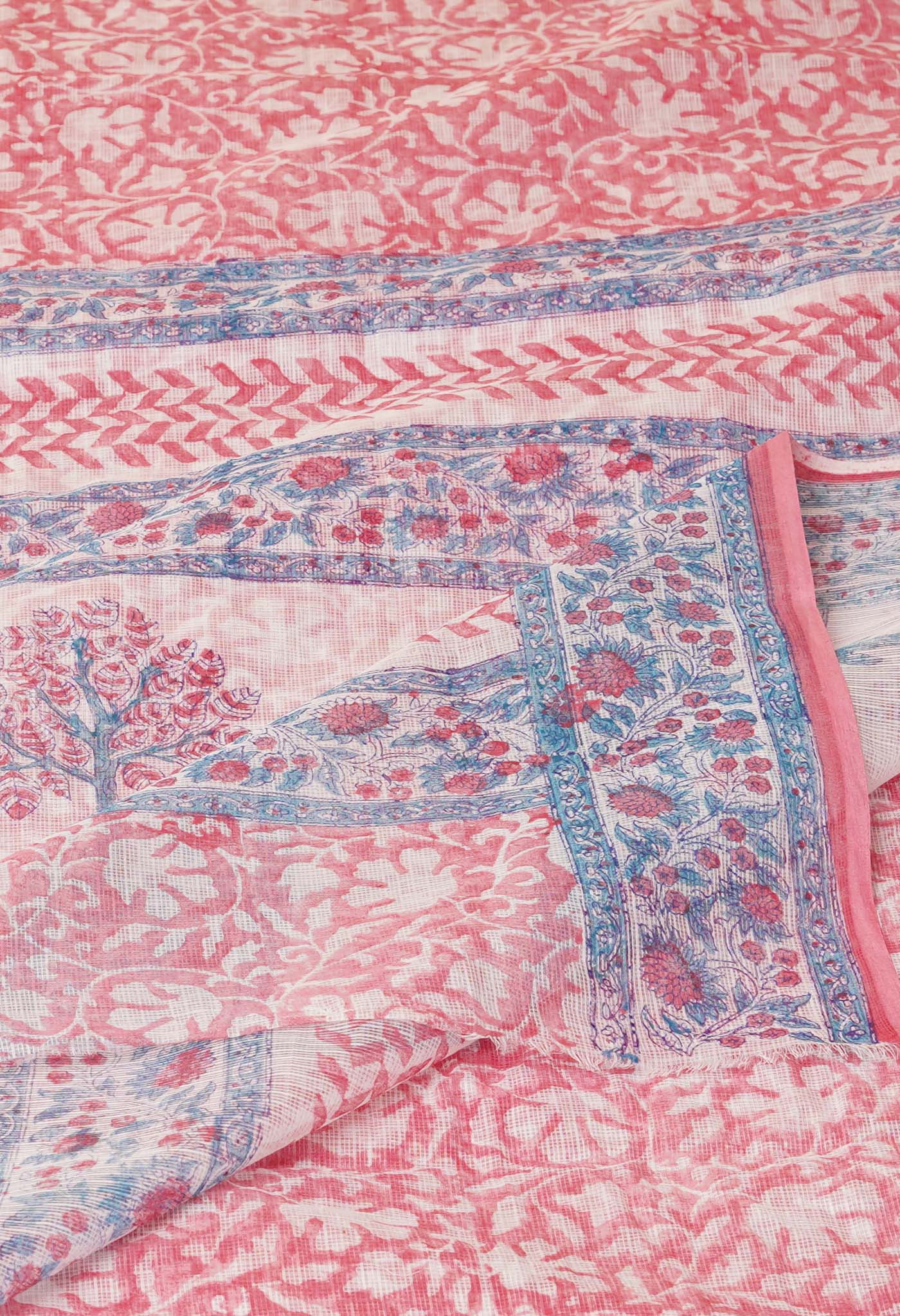 Pink Pure Hand Block Printed Kota Saree