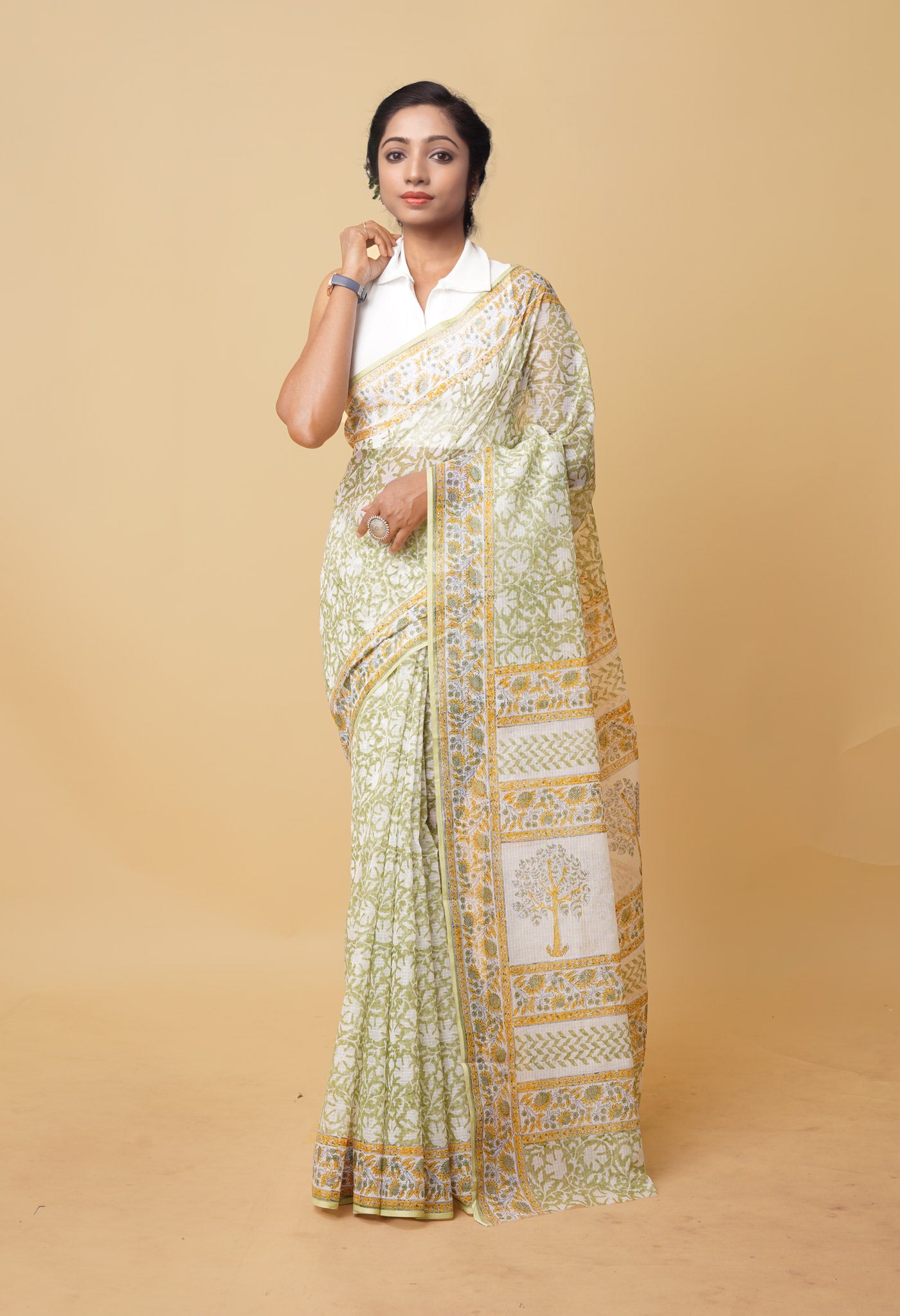 Green Pure Hand Block Printed Kota Saree