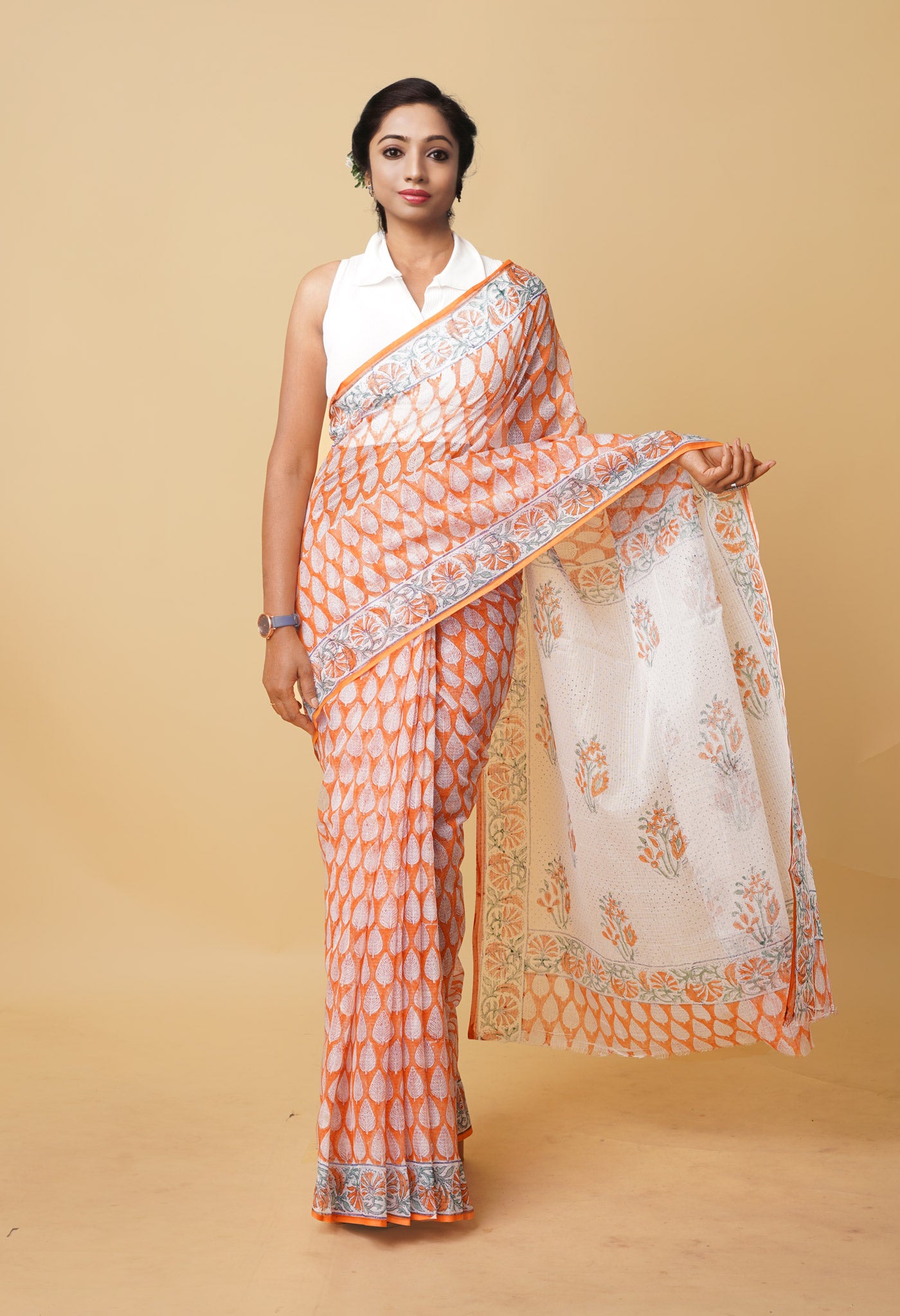 Orange Pure Hand Block Printed Kota Saree