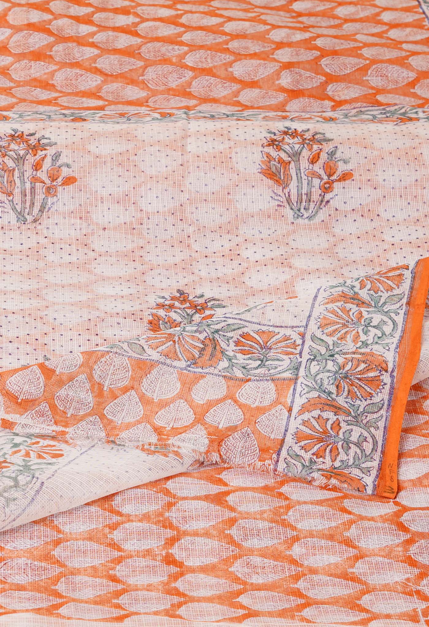 Orange Pure Hand Block Printed Kota Saree