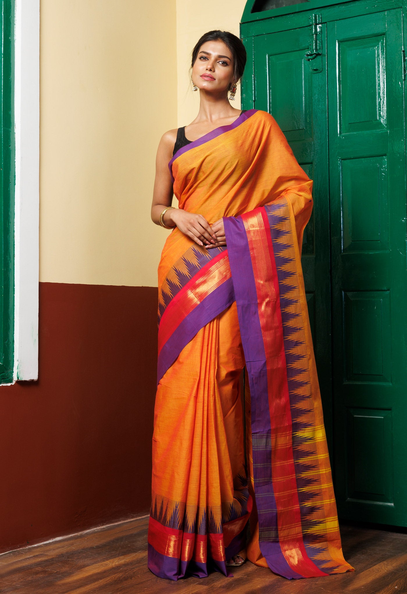 Orange Pure Pavani Handcrafted Kanchi Cotton Saree