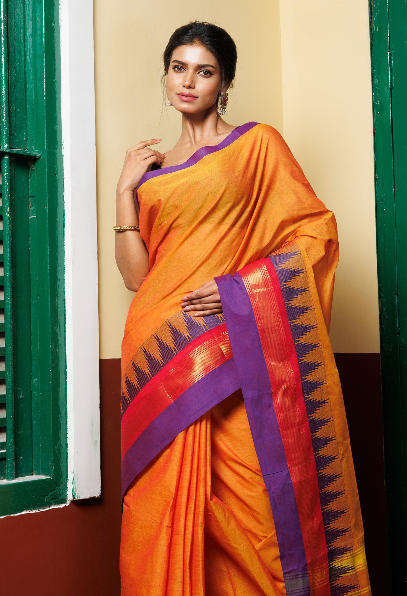 Orange Pure Pavani Handcrafted Kanchi Cotton Saree