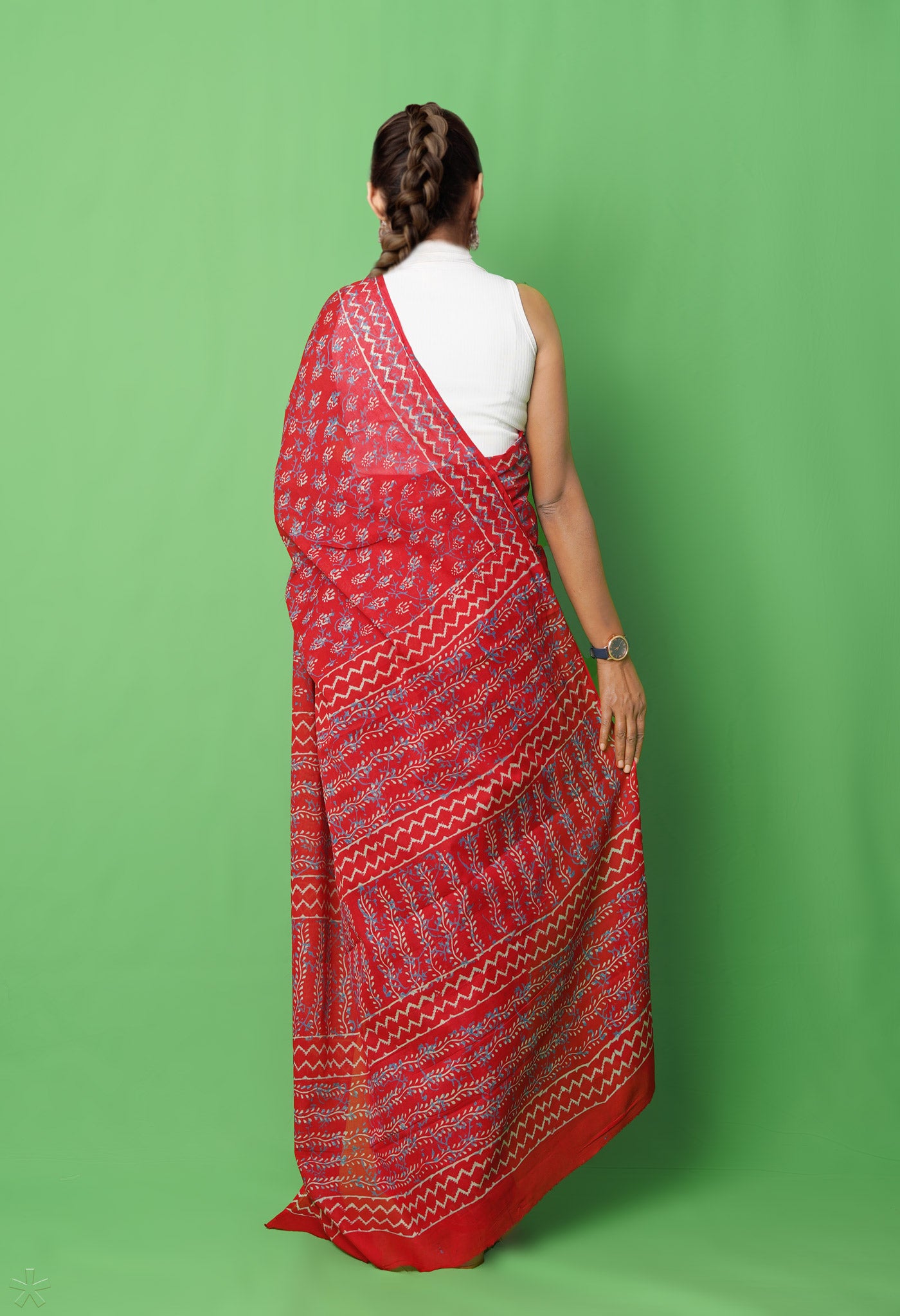 Red Pure Napthol Hand Block Pinted Superfine Mulmul Cotton Saree