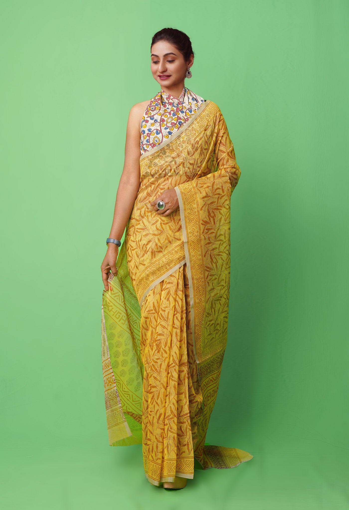 Yellow  Block Printed Supernet Saree